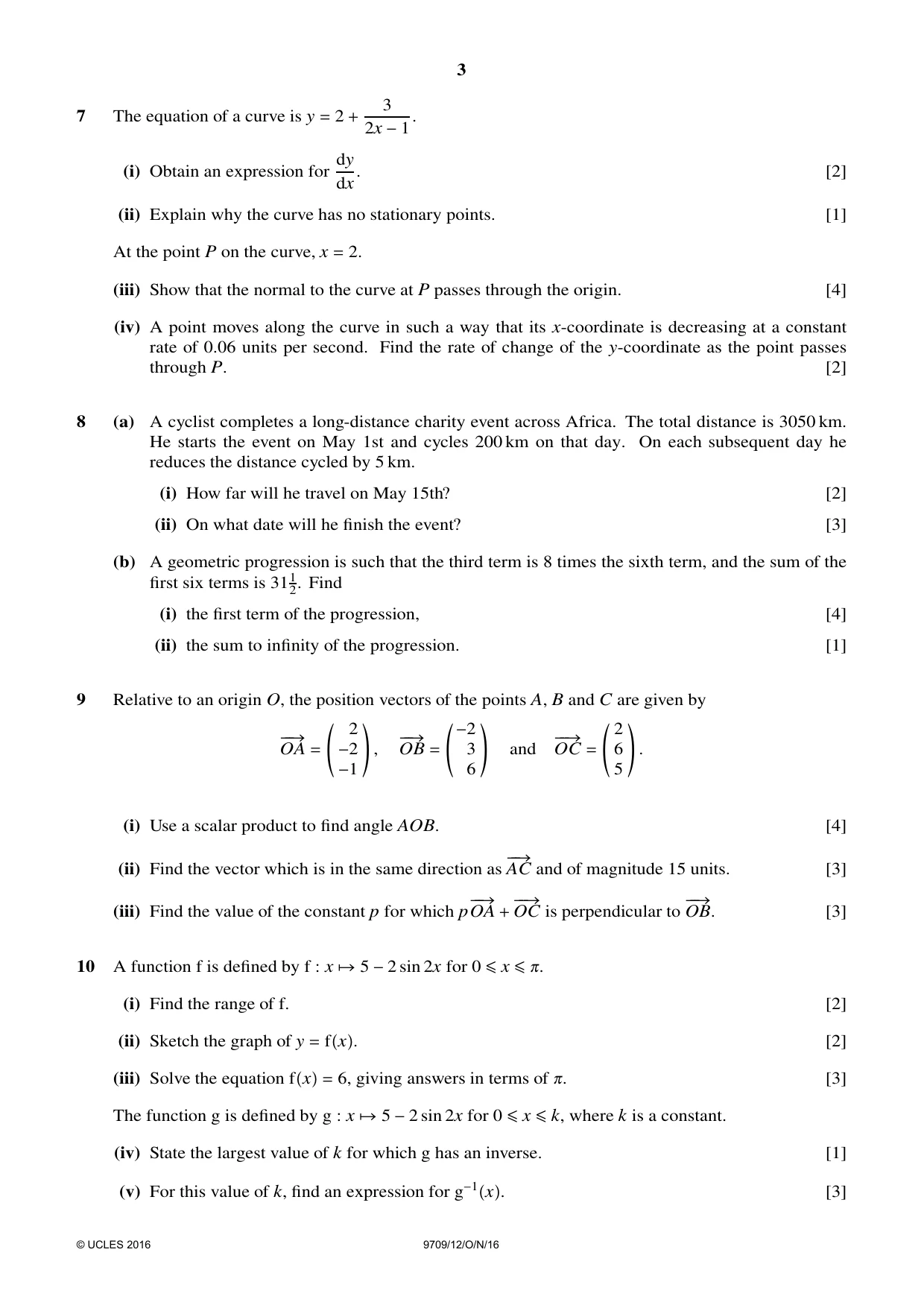 Cambridge A Level Mathematics 9709 2016 Oct/Nov Paper 1 · Variant 2 question paper, page 3 of 4