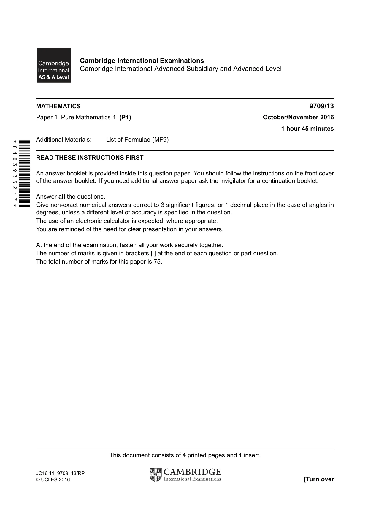 Cambridge A Level Mathematics 9709 2016 Oct/Nov Paper 1 · Variant 3 question paper, page 1 of 4