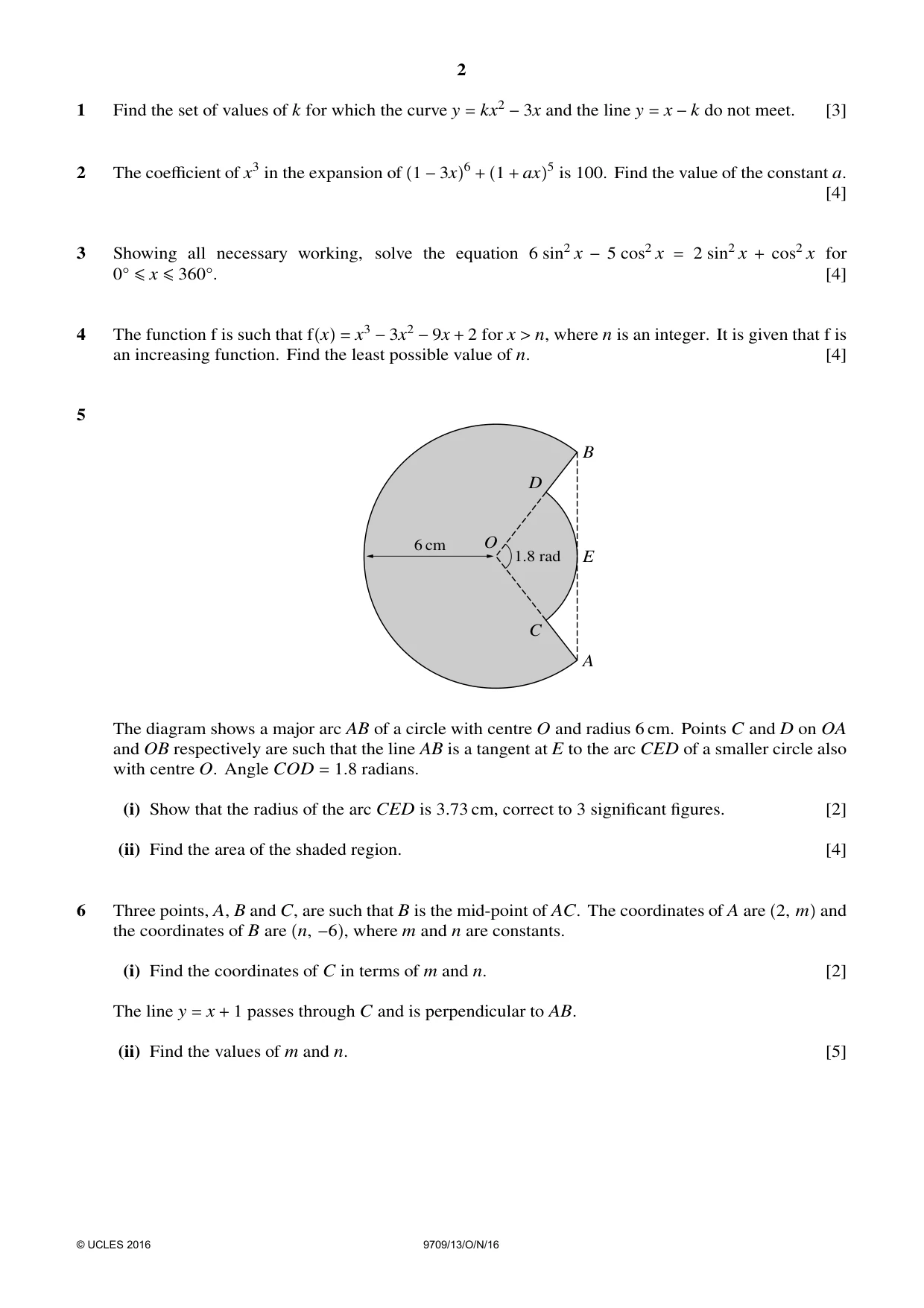 Cambridge A Level Mathematics 9709 2016 Oct/Nov Paper 1 · Variant 3 question paper, page 2 of 4