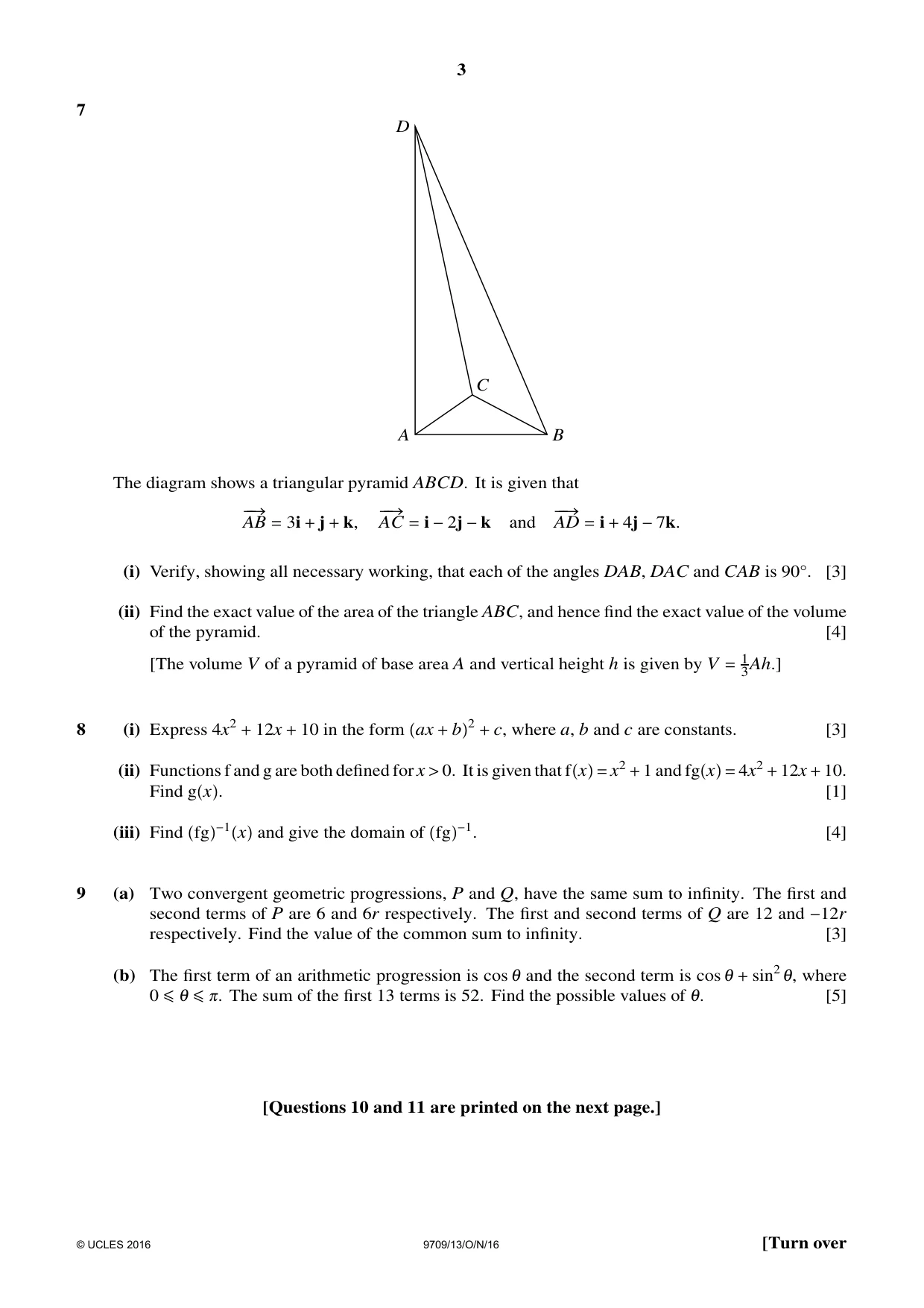 Cambridge A Level Mathematics 9709 2016 Oct/Nov Paper 1 · Variant 3 question paper, page 3 of 4