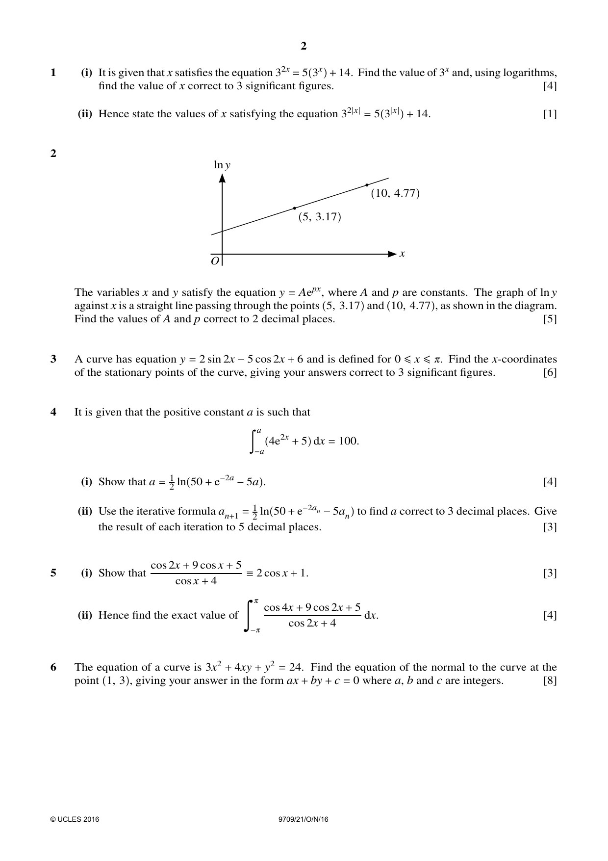 Cambridge A Level Mathematics 9709 2016 Oct/Nov Paper 2 · Variant 1 question paper, page 2 of 4