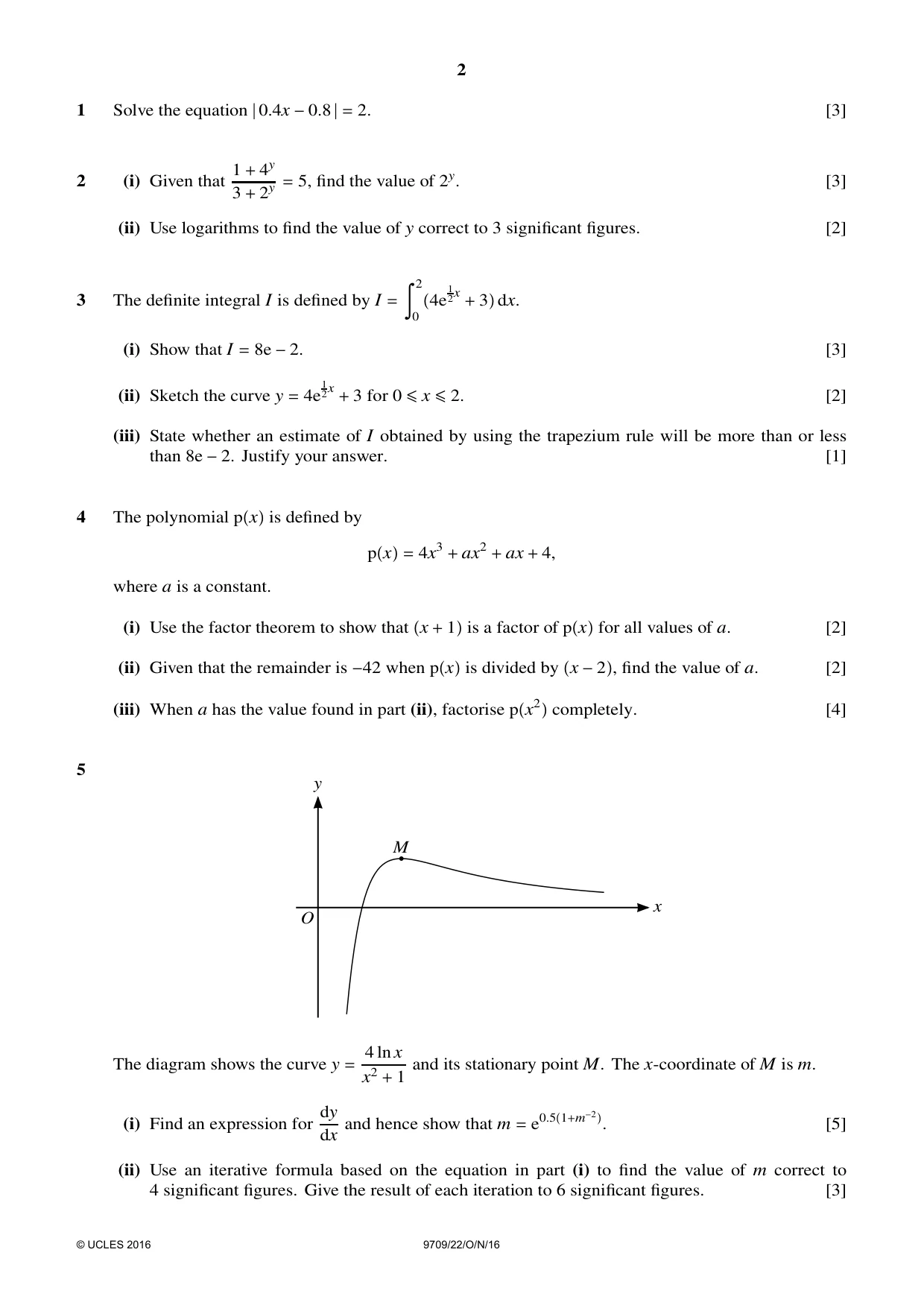 Cambridge A Level Mathematics 9709 2016 Oct/Nov Paper 2 · Variant 2 question paper, page 2 of 4