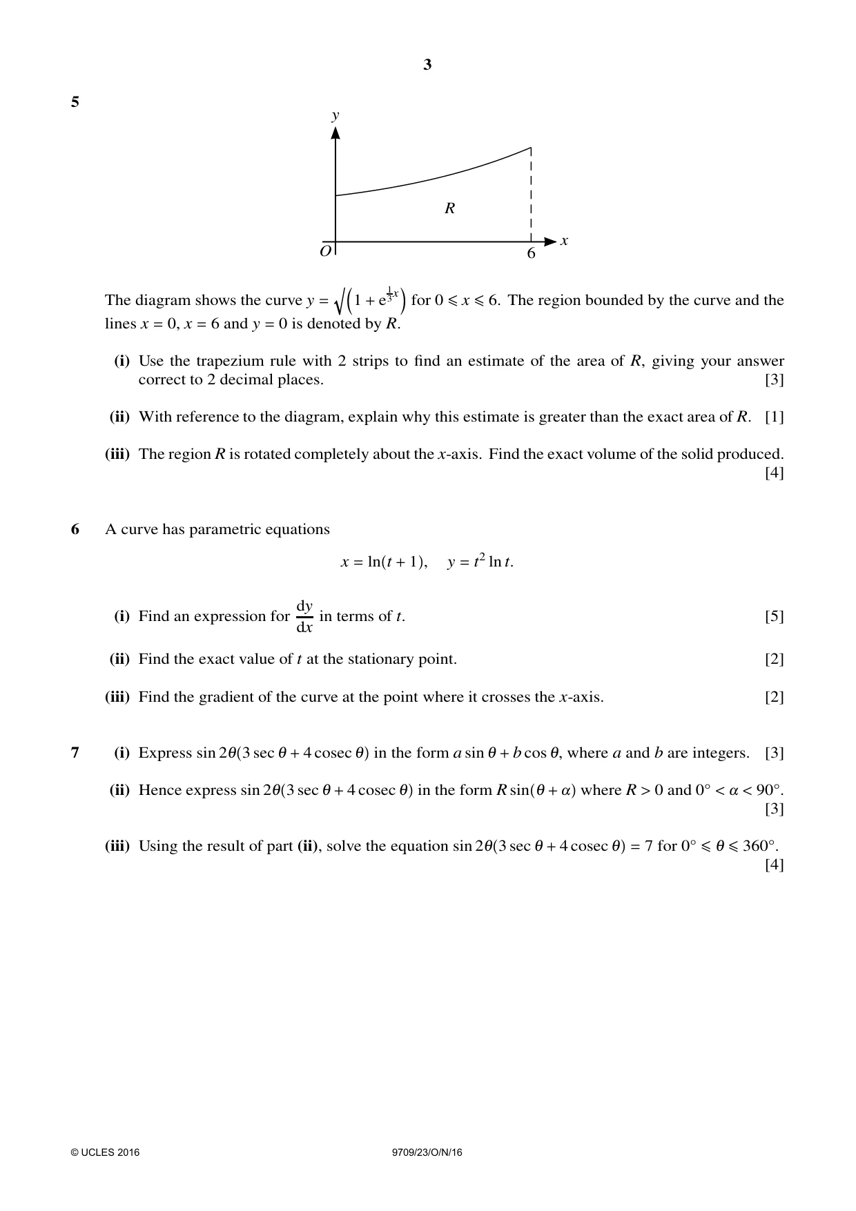 Cambridge A Level Mathematics 9709 2016 Oct/Nov Paper 2 · Variant 3 question paper, page 3 of 4