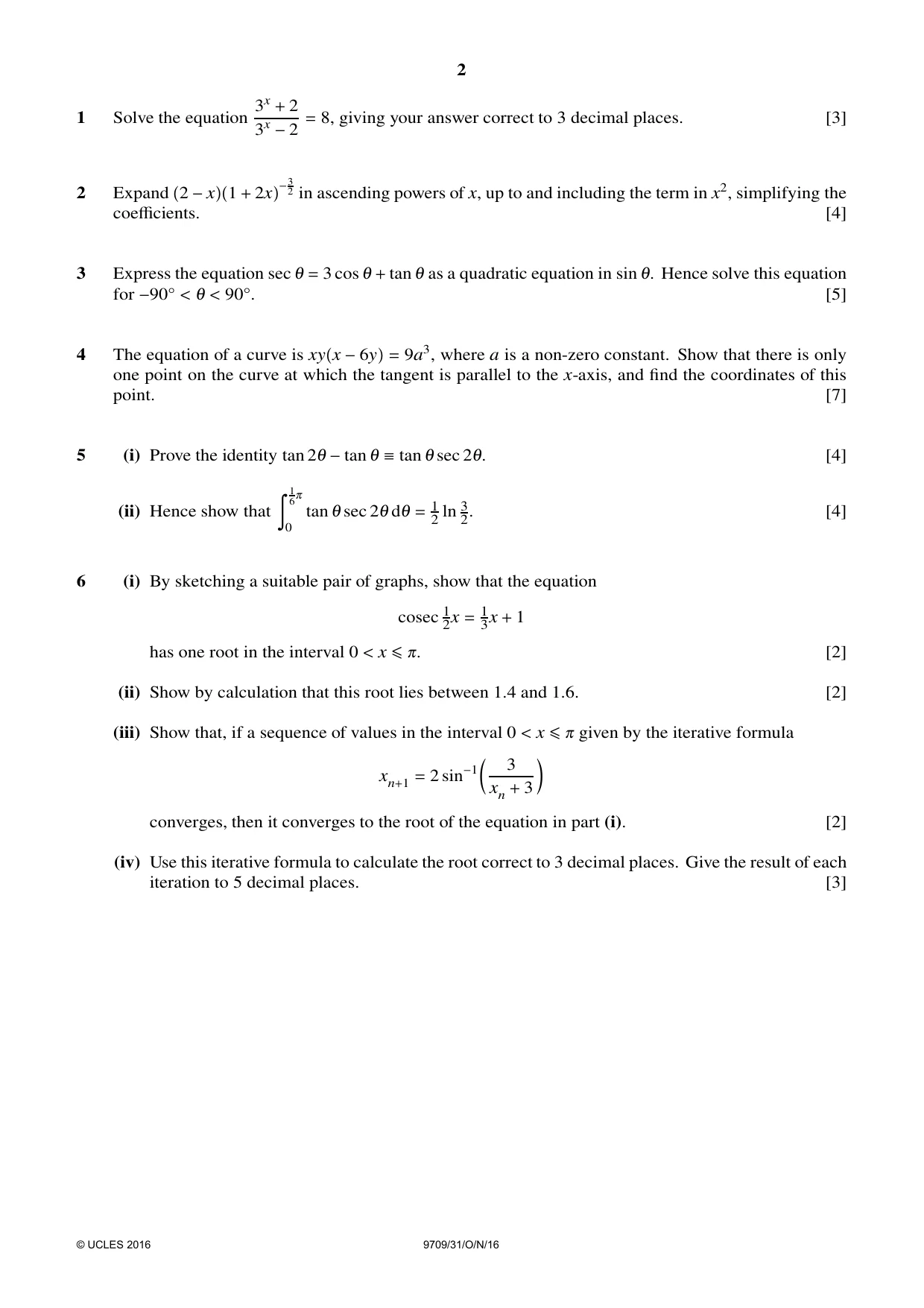 Cambridge A Level Mathematics 9709 2016 Oct/Nov Paper 3 · Variant 1 question paper, page 2 of 4
