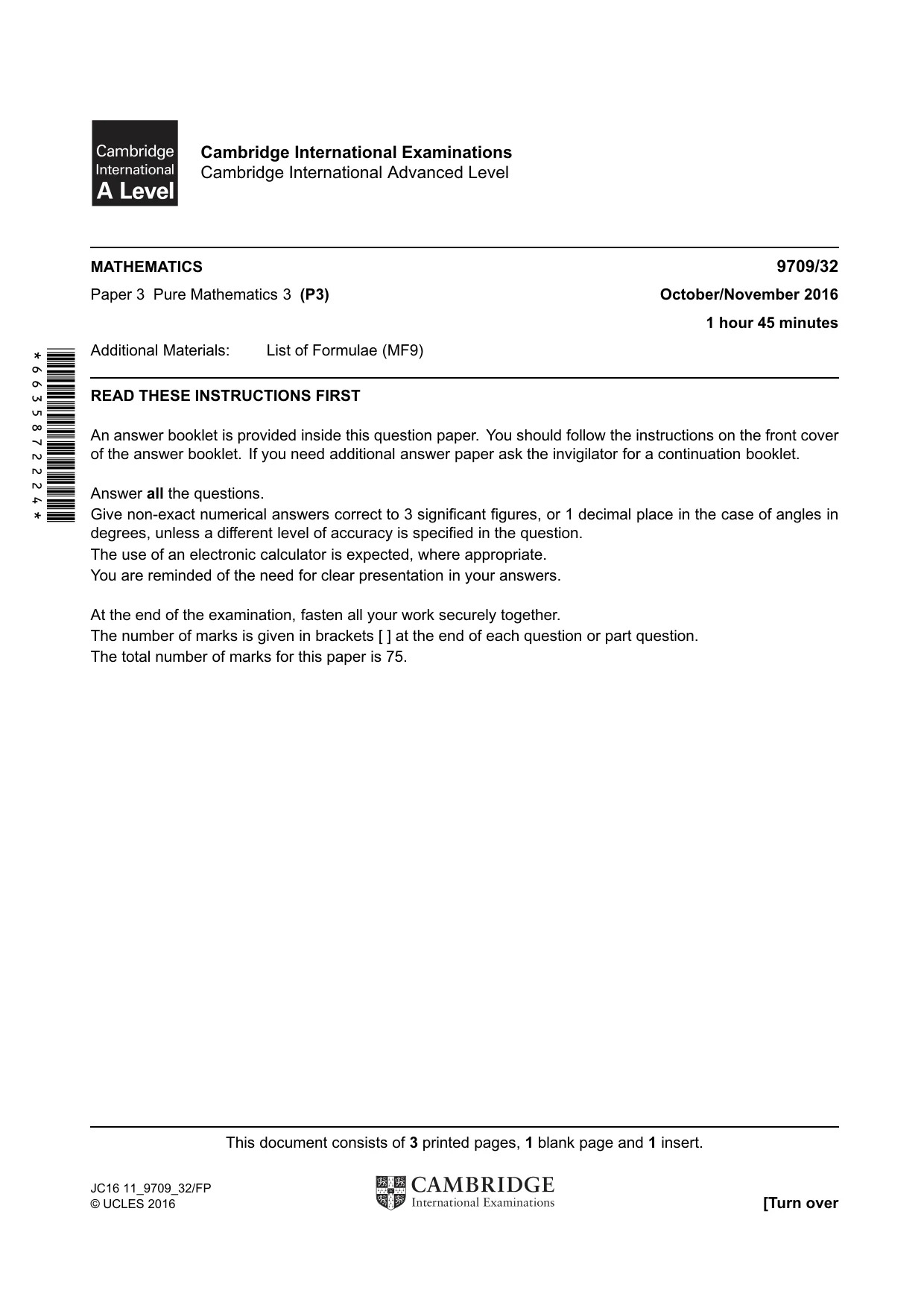 Cambridge A Level Mathematics 9709 2016 Oct/Nov Paper 3 · Variant 2 question paper, page 1 of 4