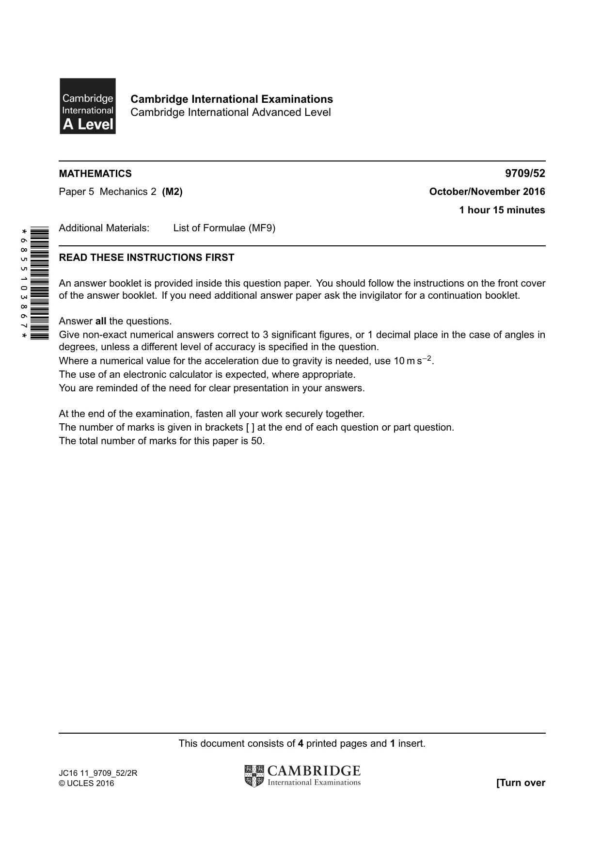 Cambridge A Level Mathematics 9709 2016 Oct/Nov Paper 5 · Variant 2 question paper, page 1 of 4