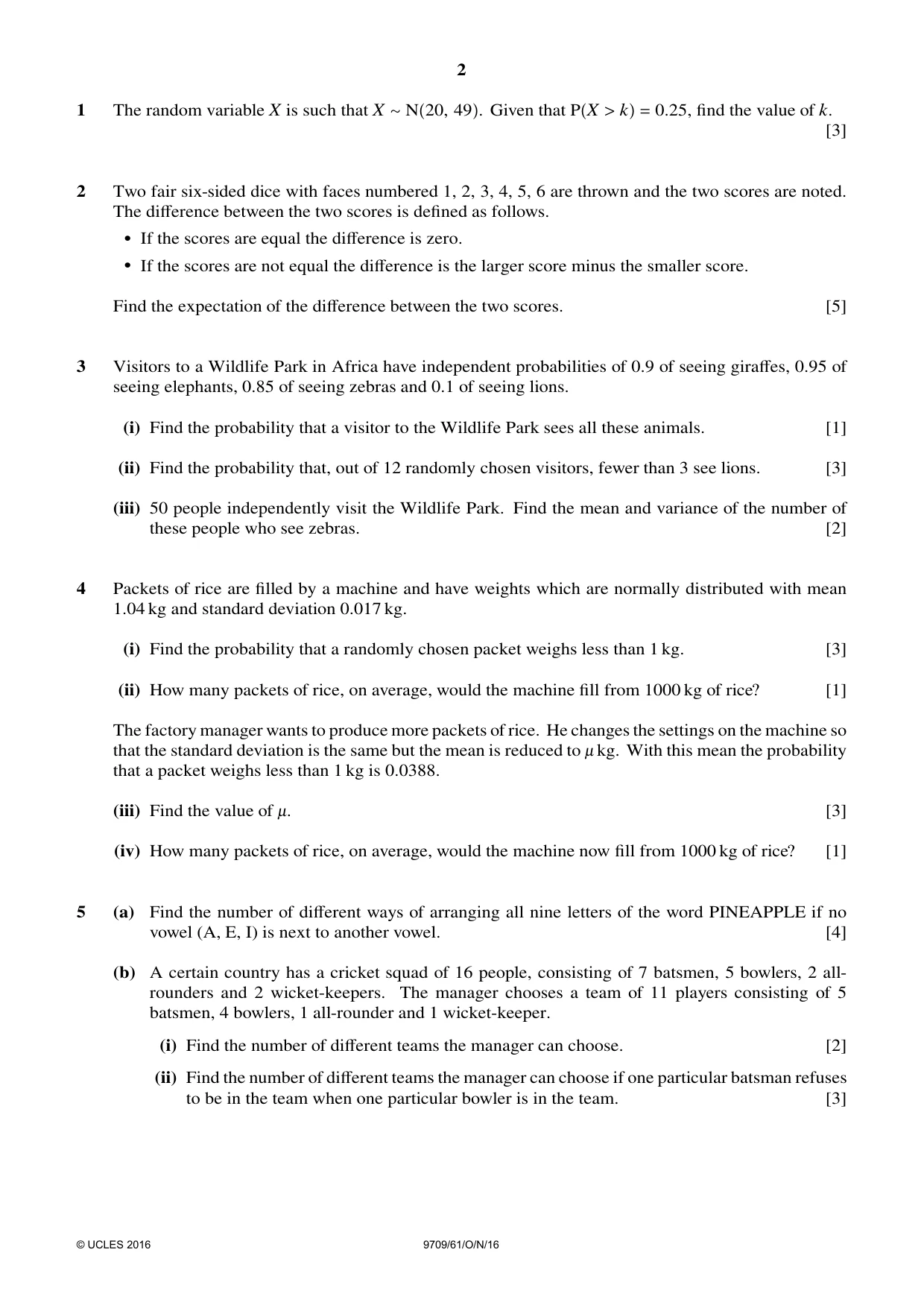 Cambridge A Level Mathematics 9709 2016 Oct/Nov Paper 6 · Variant 1 question paper, page 2 of 4