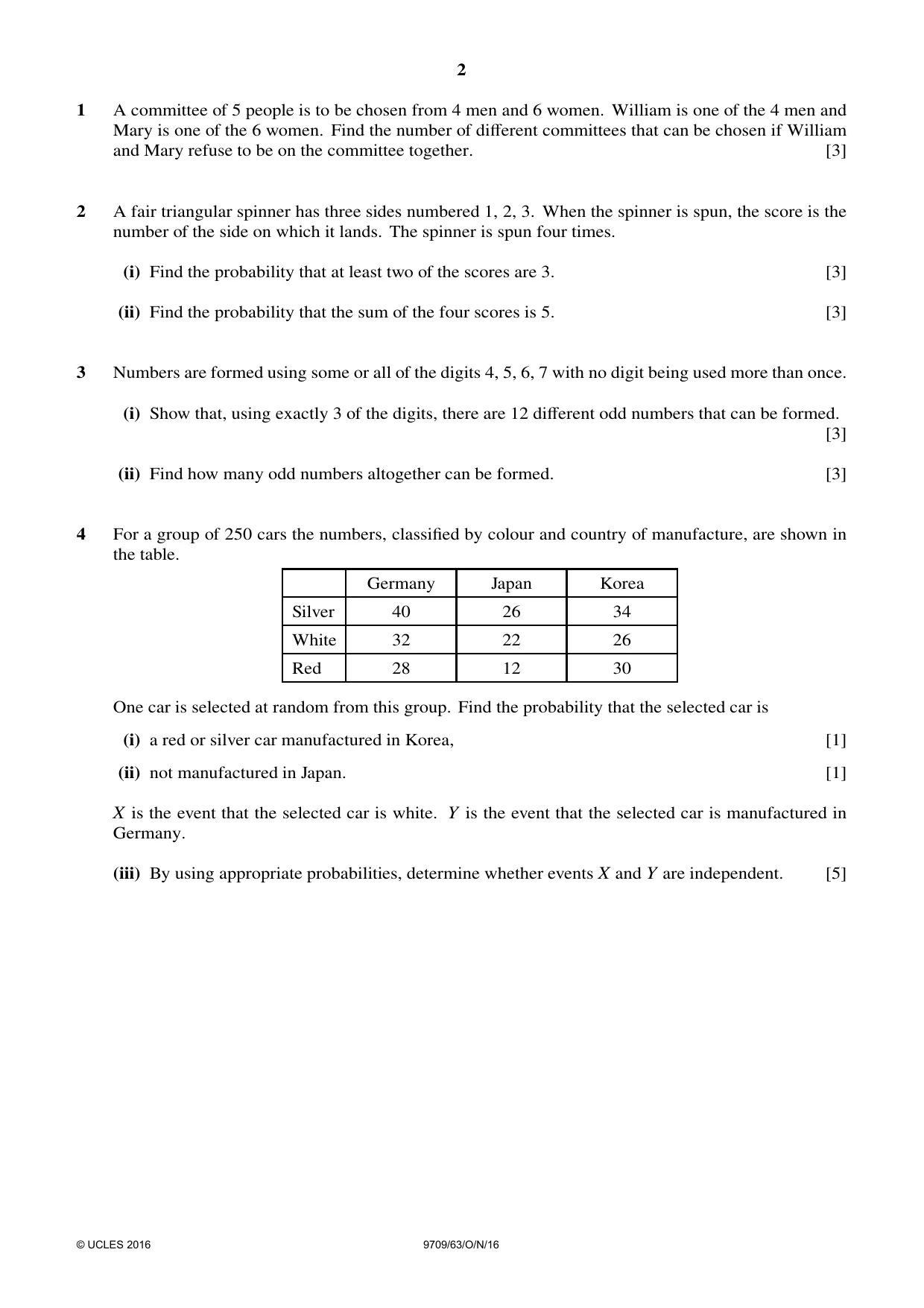 Cambridge A Level Mathematics 9709 2016 Oct/Nov Paper 6 · Variant 3 question paper, page 2 of 4