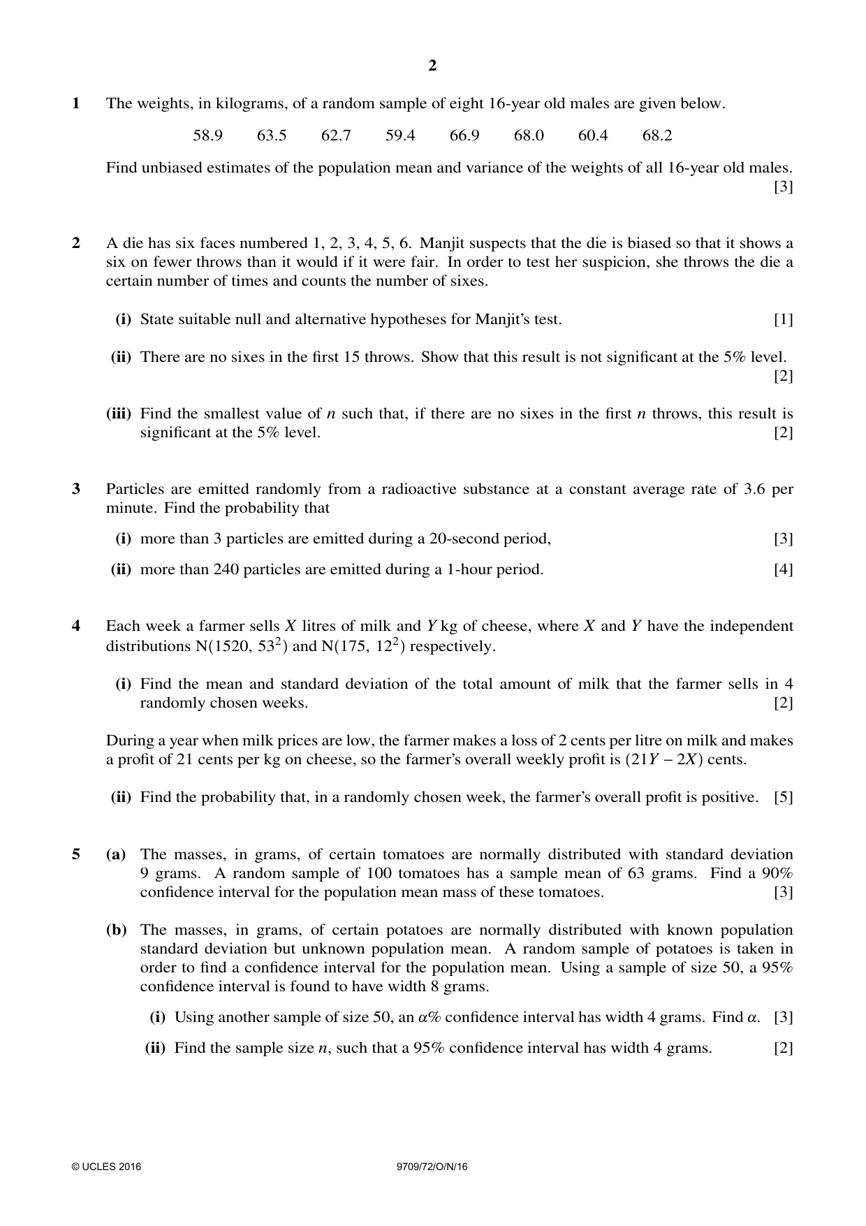 Cambridge A Level Mathematics 9709 2016 Oct/Nov Paper 7 · Variant 2 question paper, page 2 of 4