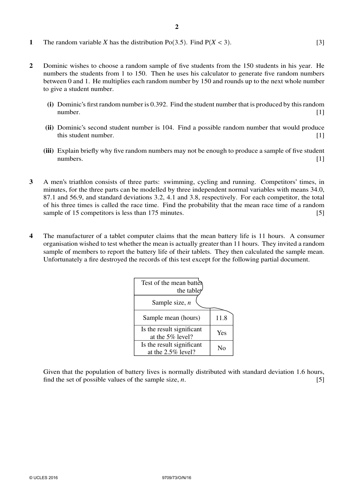 Cambridge A Level Mathematics 9709 2016 Oct/Nov Paper 7 · Variant 3 question paper, page 2 of 4