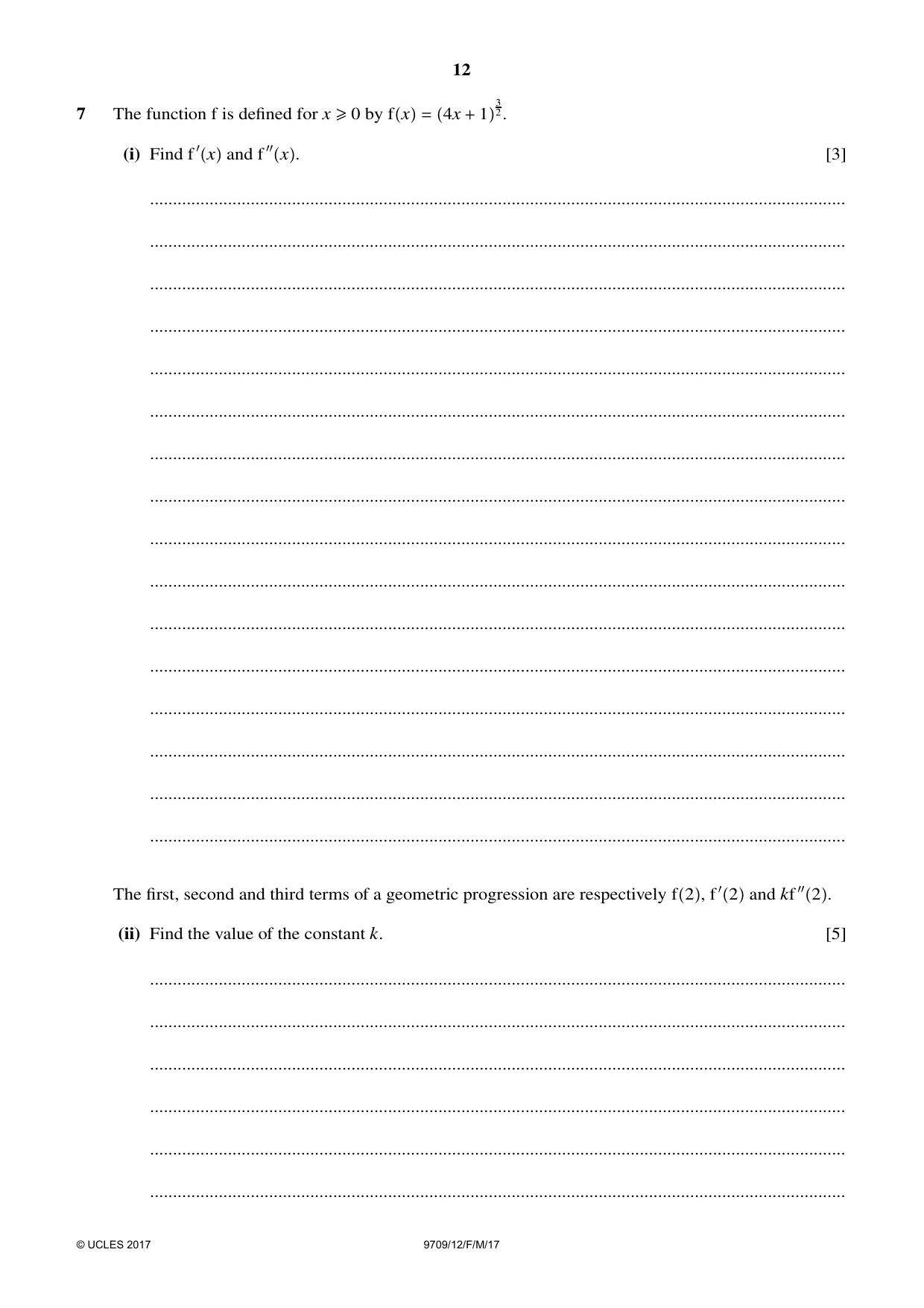 Cambridge A Level Mathematics 9709 2017 Feb/March Paper 1 · Variant 2 question paper, page 12 of 20