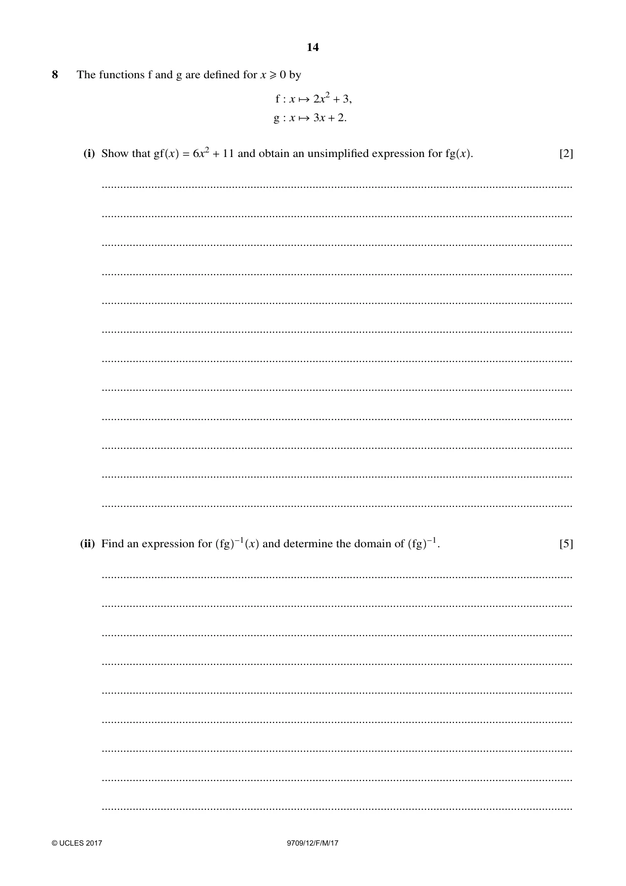 Cambridge A Level Mathematics 9709 2017 Feb/March Paper 1 · Variant 2 question paper, page 14 of 20