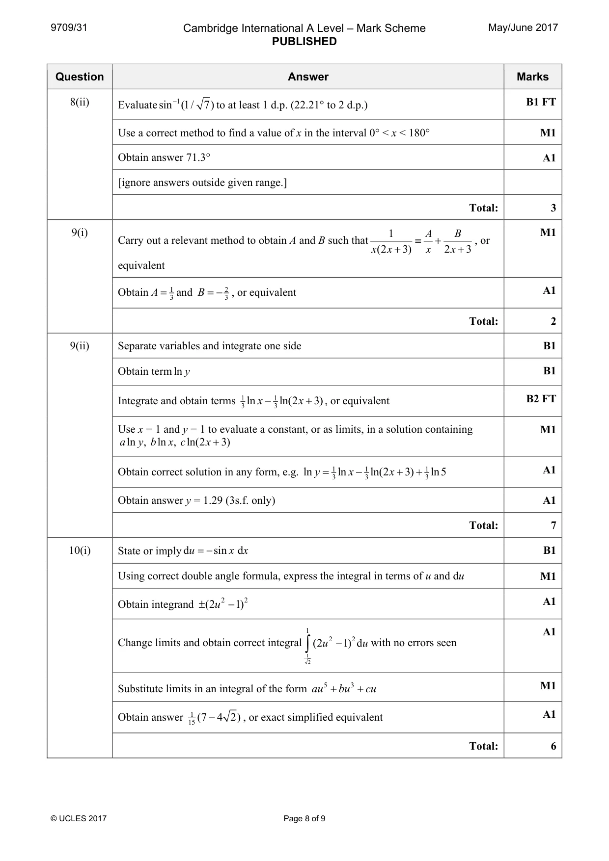 Mark scheme, page 8 of 9