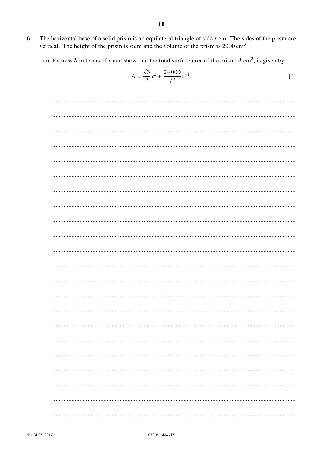 Cambridge A Level Mathematics 9709 2017 May/June Paper 1 · Variant 1 question paper, page 10 of 20
