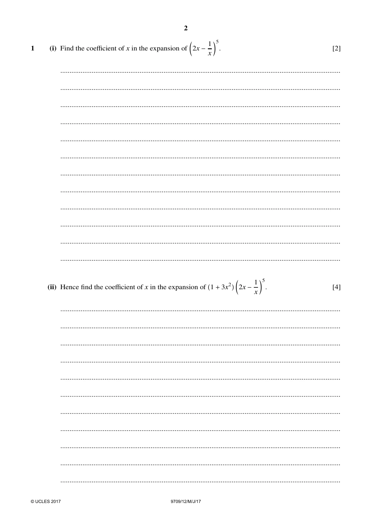 Cambridge A Level Mathematics 9709 2017 May/June Paper 1 · Variant 2 question paper, page 2 of 20