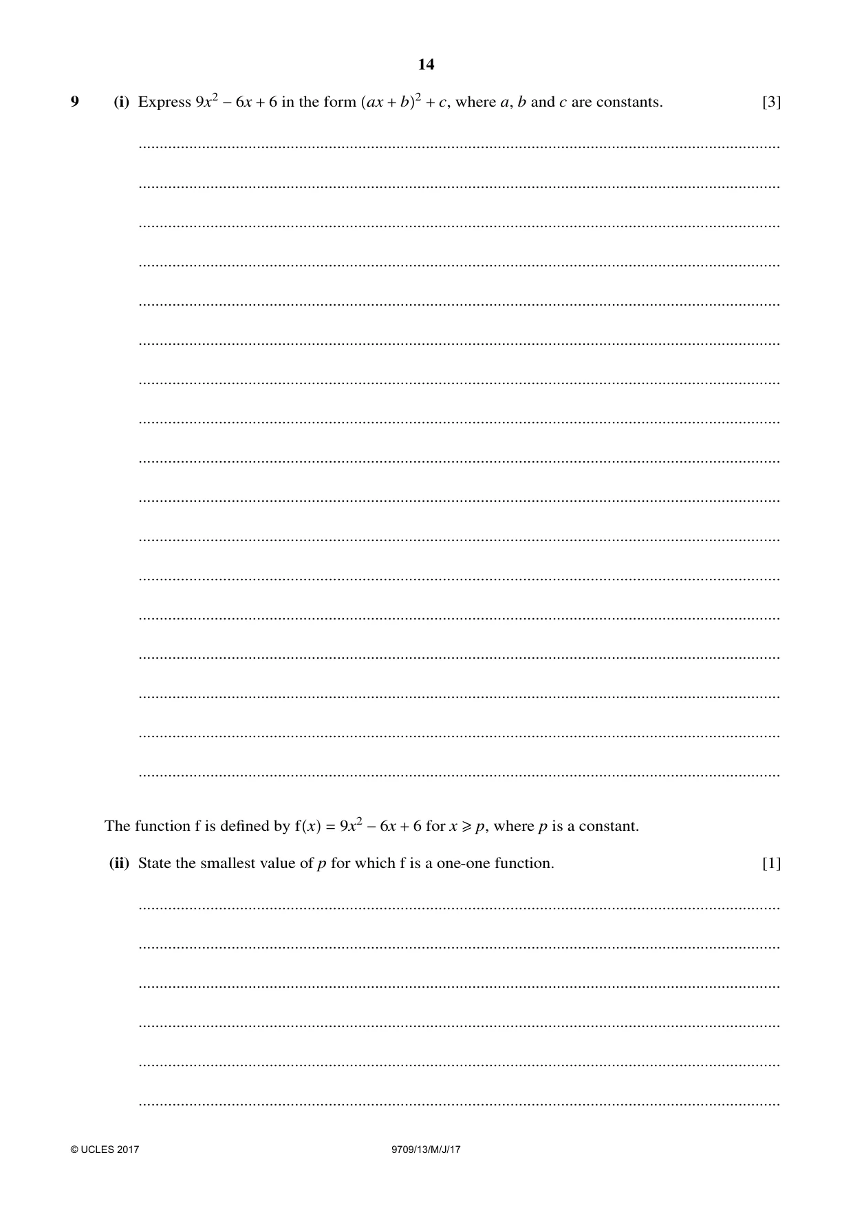 Cambridge A Level Mathematics 9709 2017 May/June Paper 1 · Variant 3 question paper, page 14 of 20