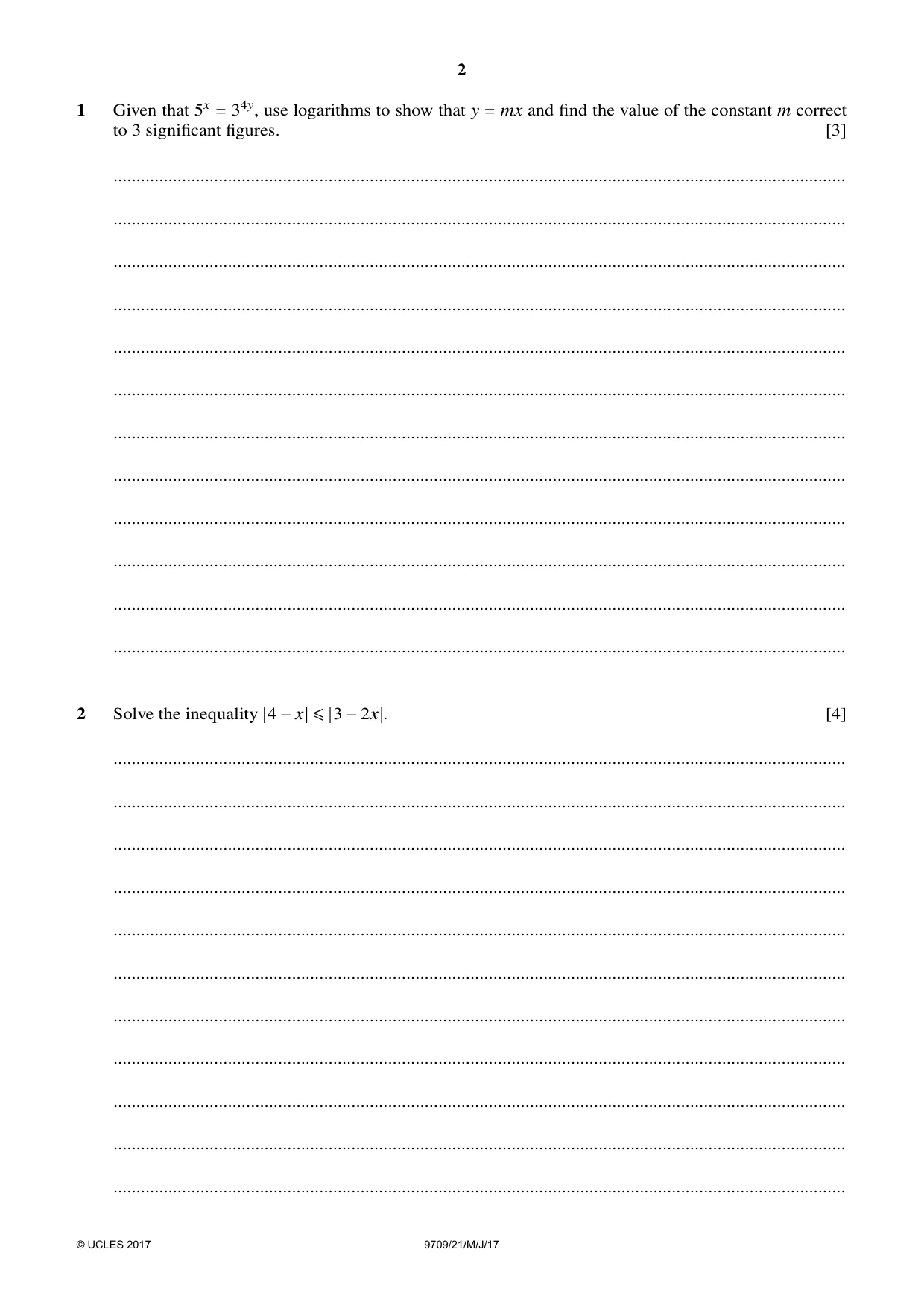 Cambridge A Level Mathematics 9709 2017 May/June Paper 2 · Variant 1 question paper, page 2 of 12