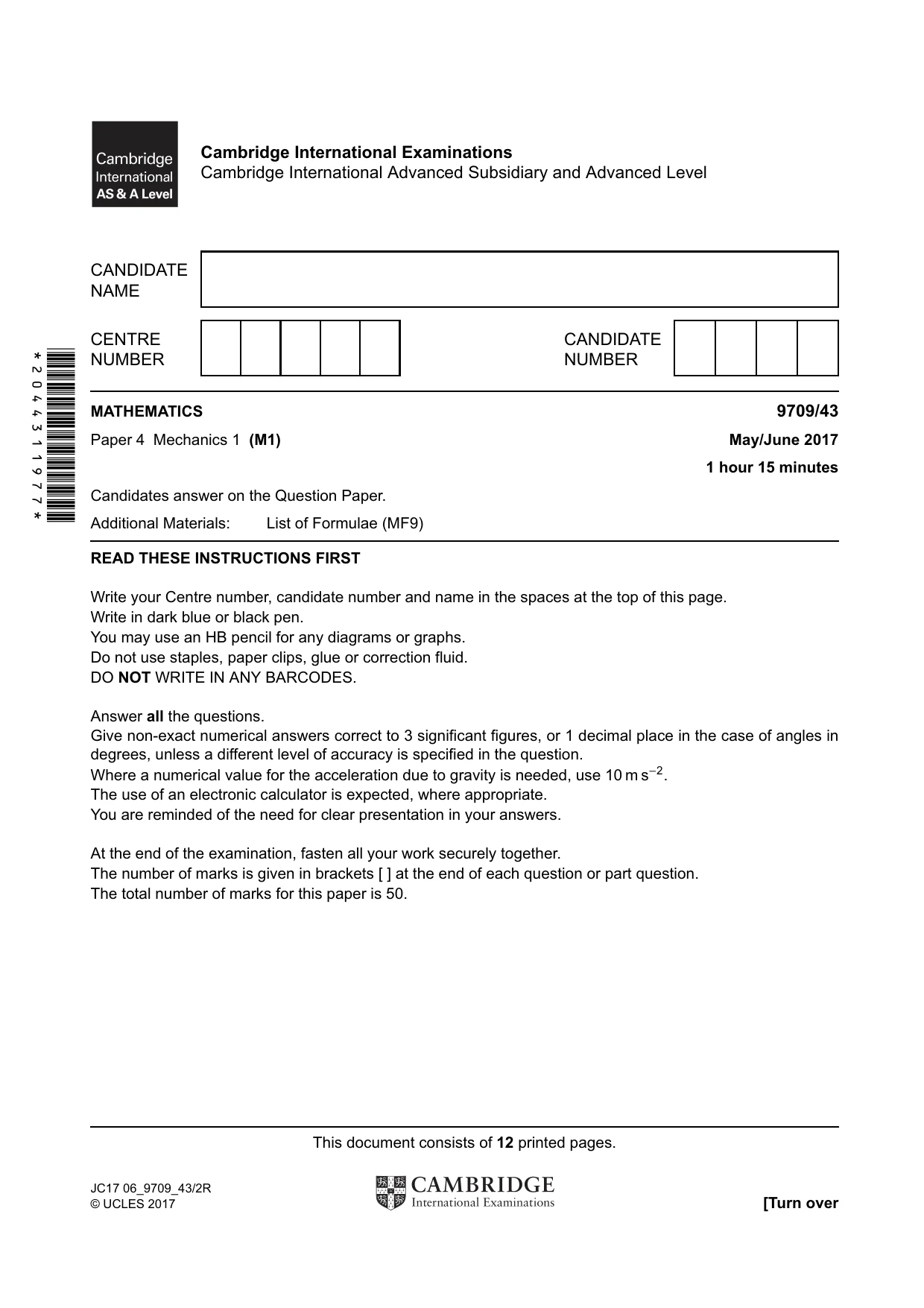Cambridge A Level Mathematics 9709 2017 May/June Paper 4 · Variant 3 question paper, page 1 of 12