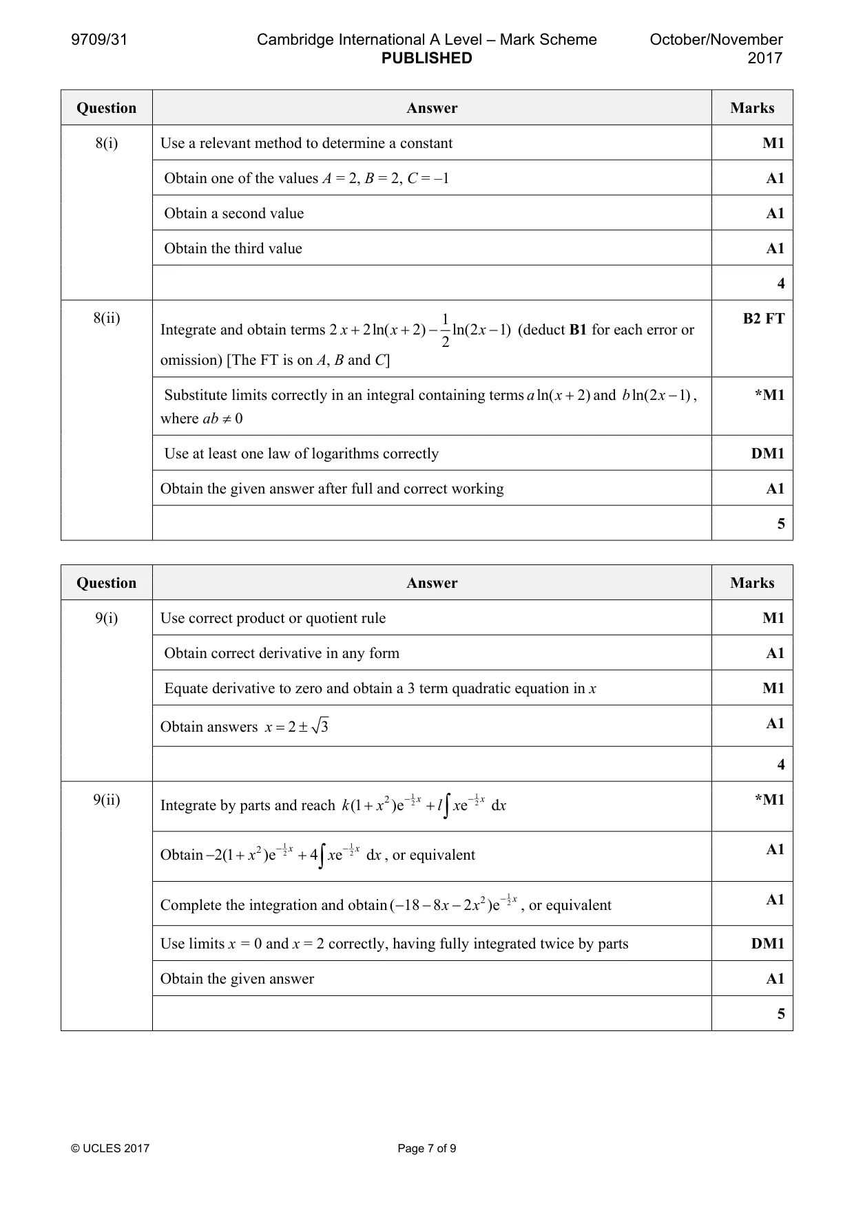 Mark scheme, page 7 of 9