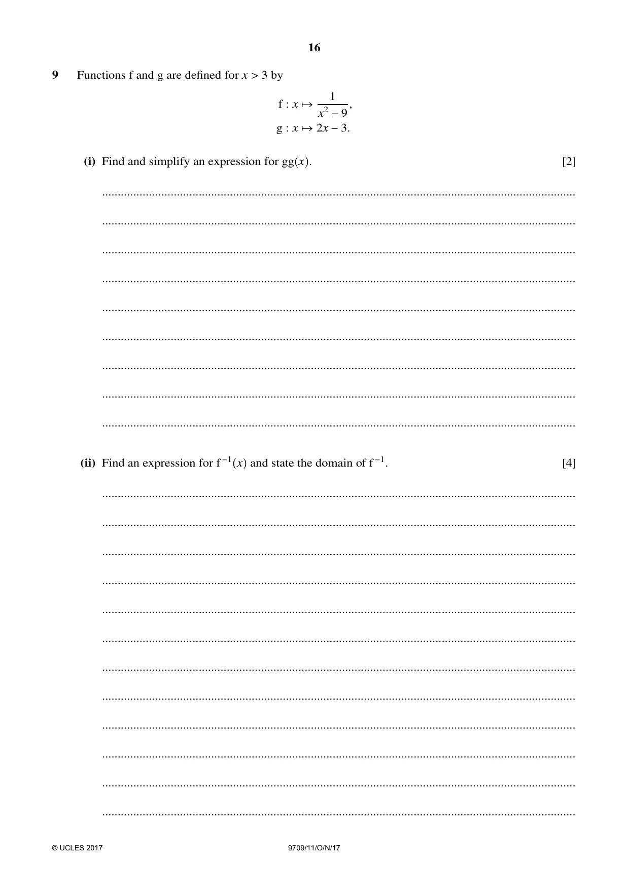 Cambridge A Level Mathematics 9709 2017 Oct/Nov Paper 1 · Variant 1 question paper, page 16 of 20