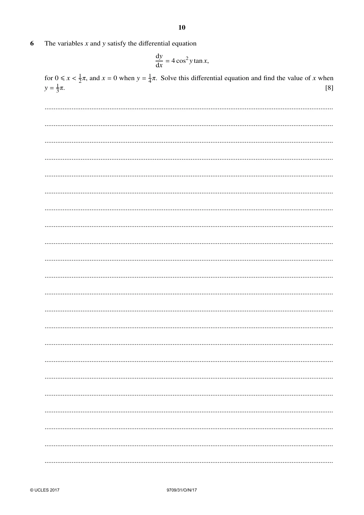 Cambridge A Level Mathematics 9709 2017 Oct/Nov Paper 3 · Variant 1 question paper, page 10 of 20