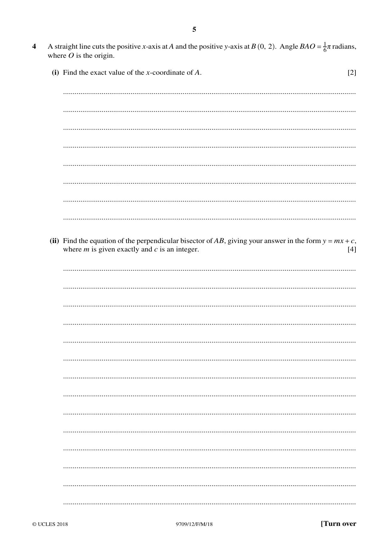 Cambridge A Level Mathematics 9709 2018 Feb/March Paper 1 · Variant 2 question paper, page 5 of 20
