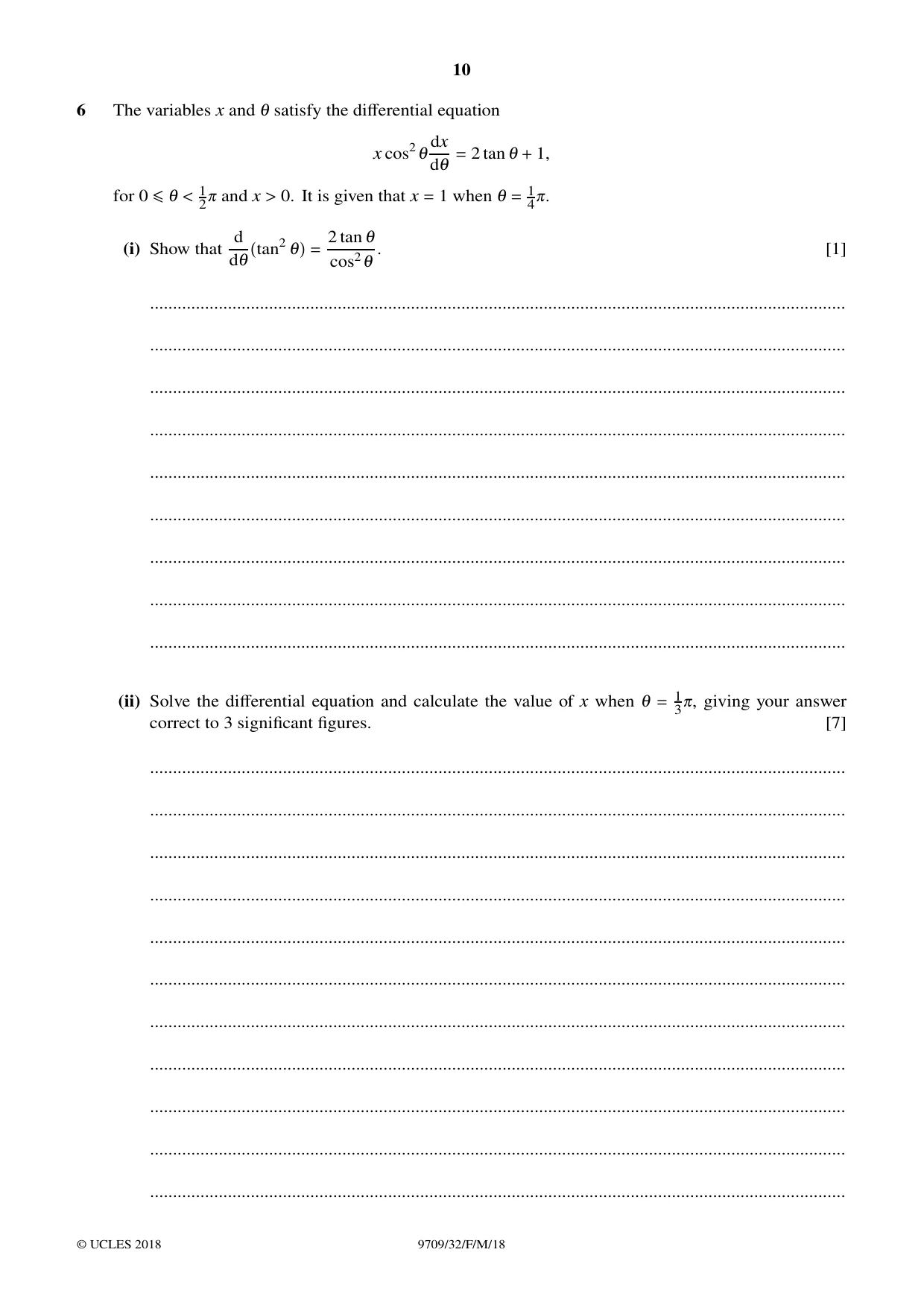 Cambridge A Level Mathematics 9709 2018 Feb/March Paper 3 · Variant 2 question paper, page 10 of 20