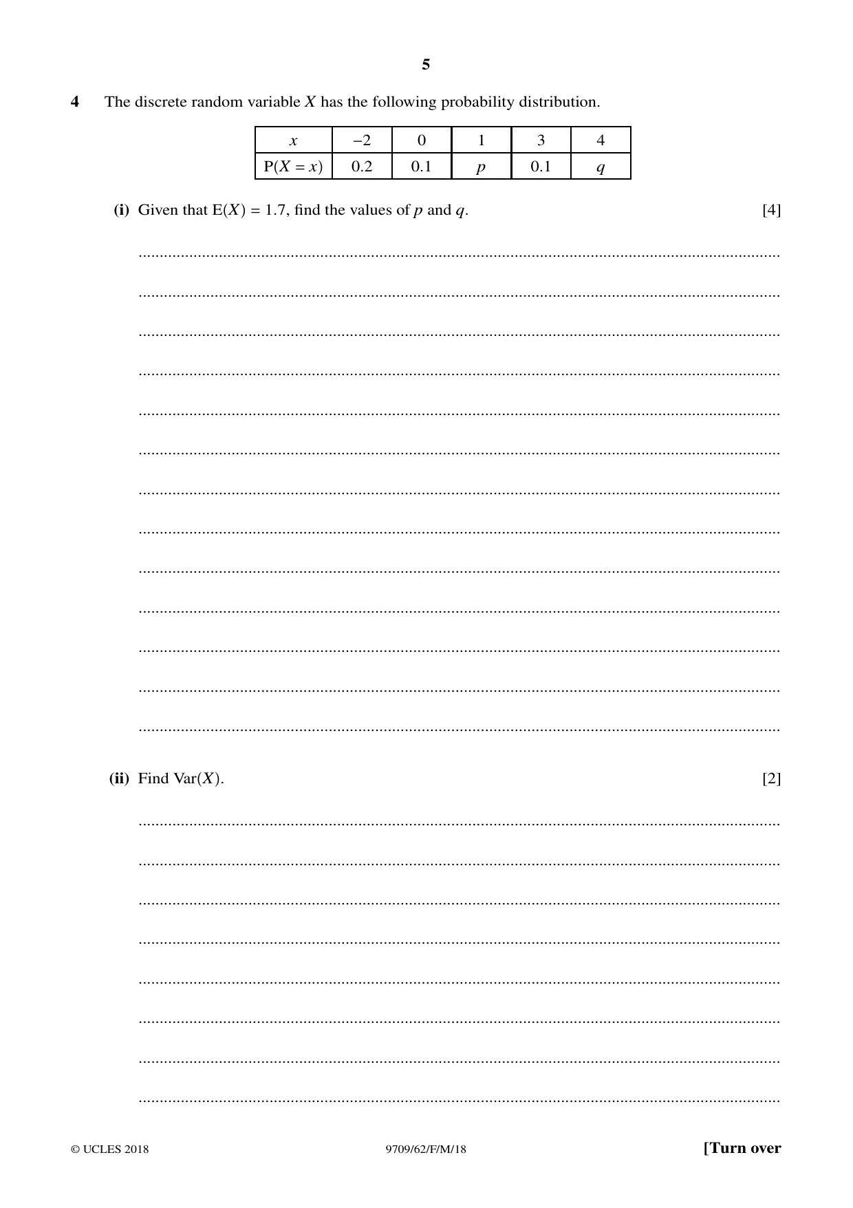 Cambridge A Level Mathematics 9709 2018 Feb/March Paper 6 · Variant 2 question paper, page 5 of 12