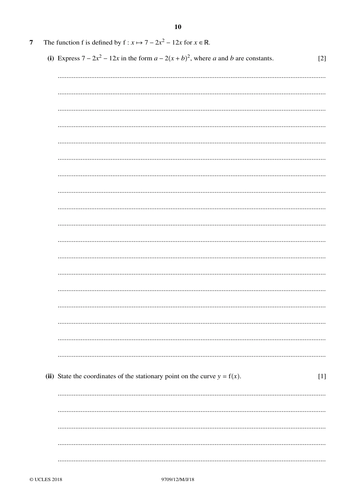 Cambridge A Level Mathematics 9709 2018 May/June Paper 1 · Variant 2 question paper, page 10 of 20