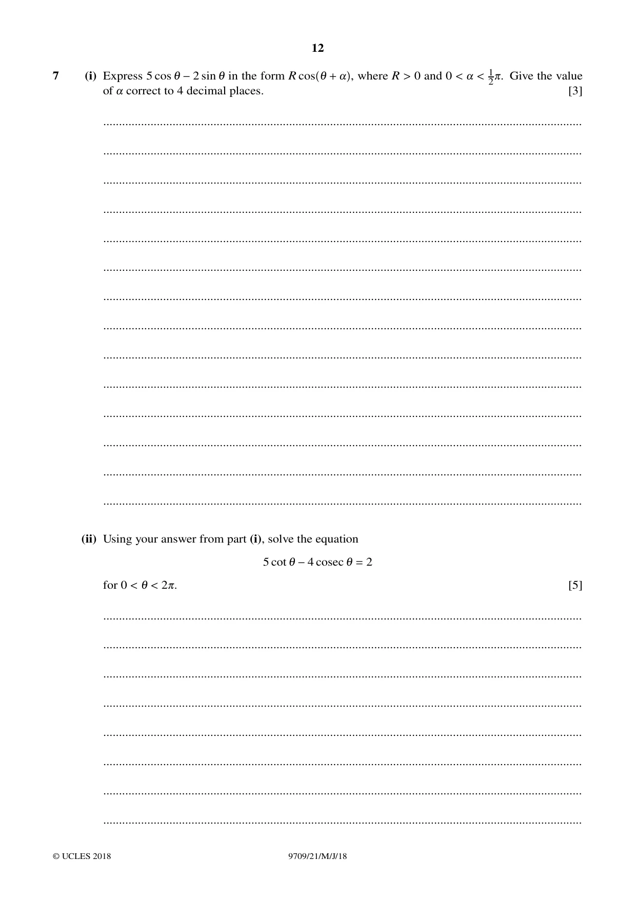 Cambridge A Level Mathematics 9709 2018 May/June Paper 2 · Variant 1 question paper, page 12 of 16
