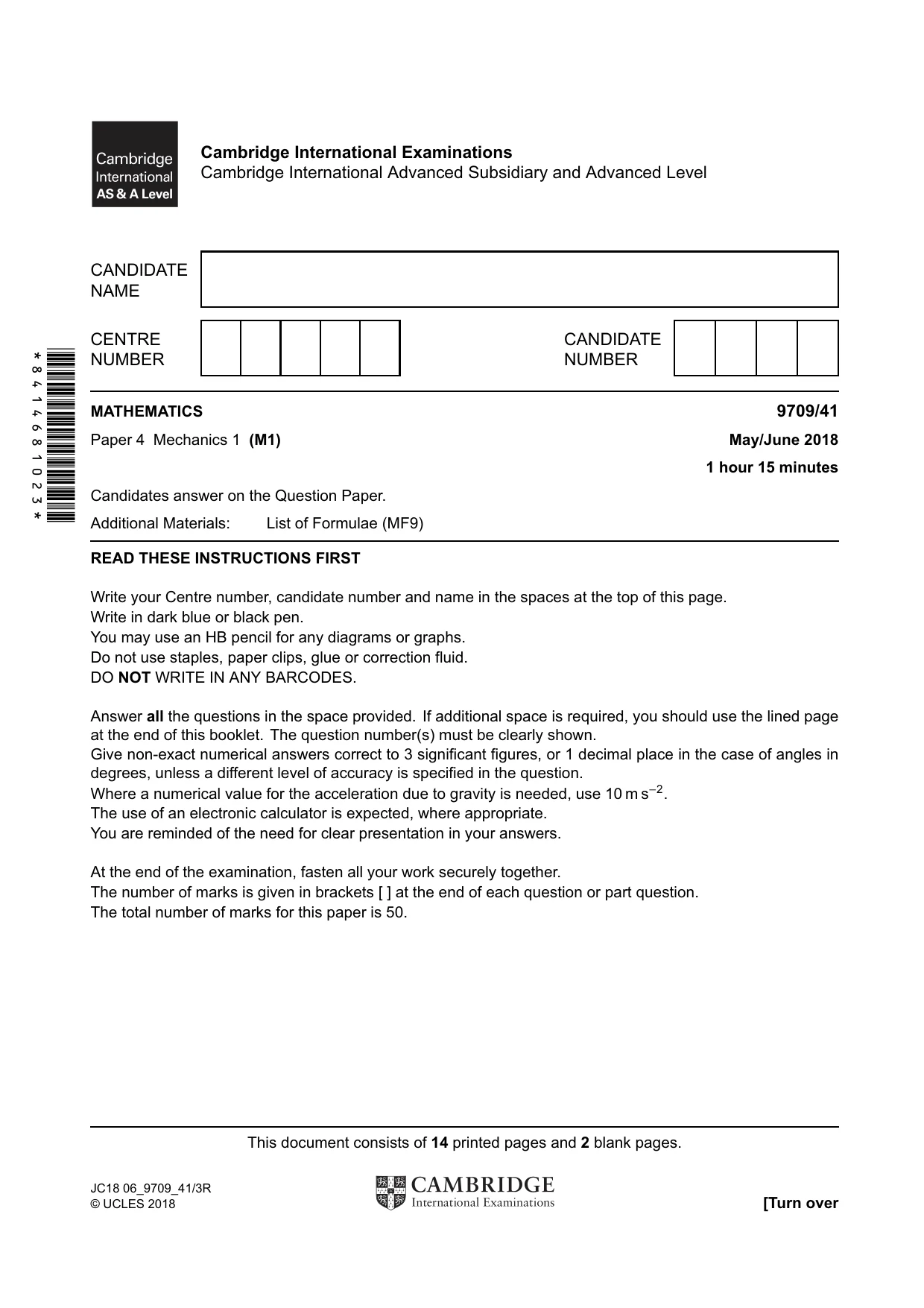 Cambridge A Level Mathematics 9709 2018 May/June Paper 4 · Variant 1 question paper, page 1 of 16