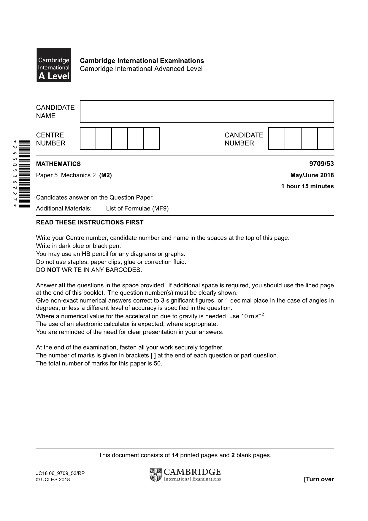 Cambridge A Level Mathematics 9709 2018 May/June Paper 5 · Variant 3 question paper, page 1 of 16