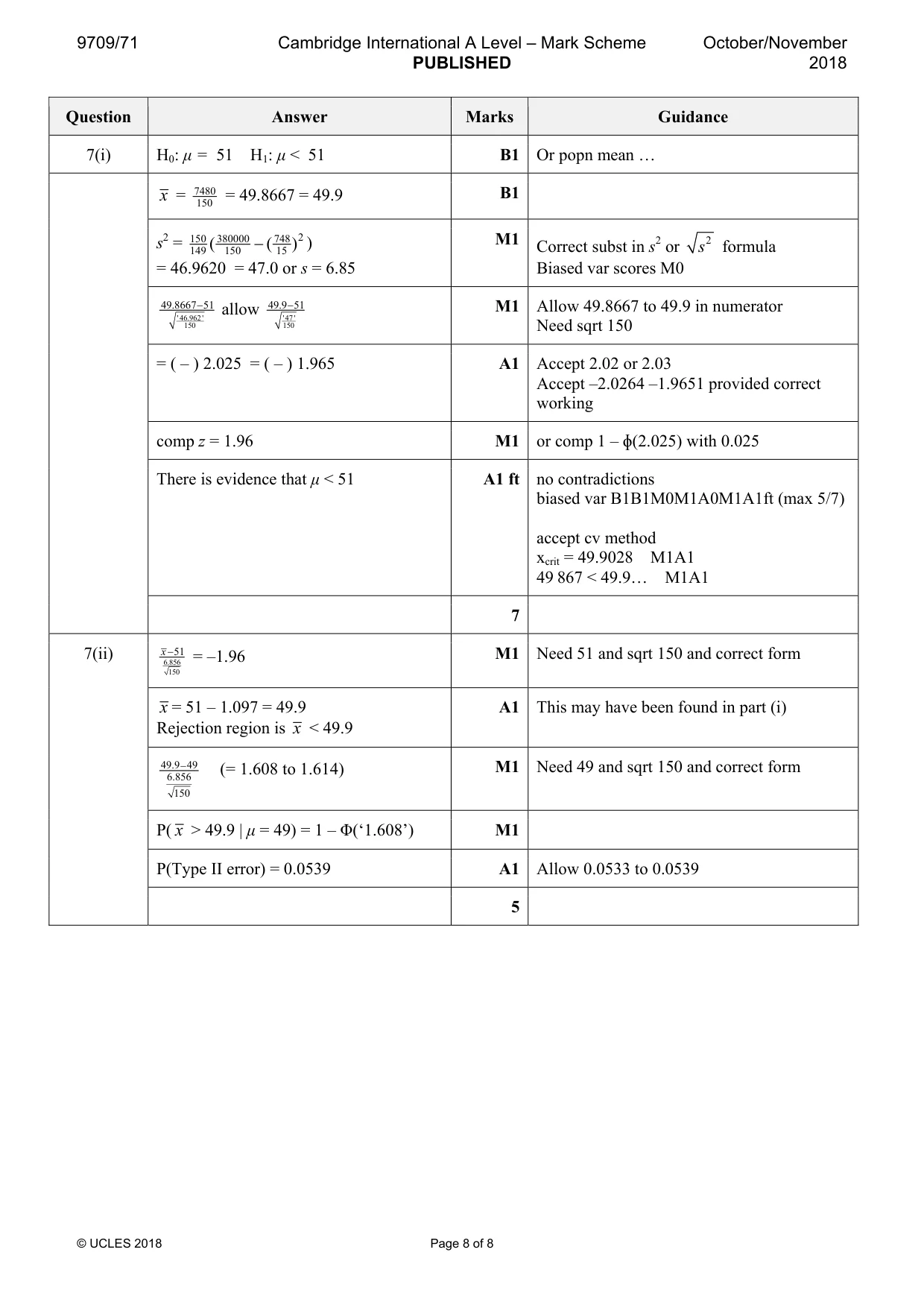 Mark scheme, page 8 of 8