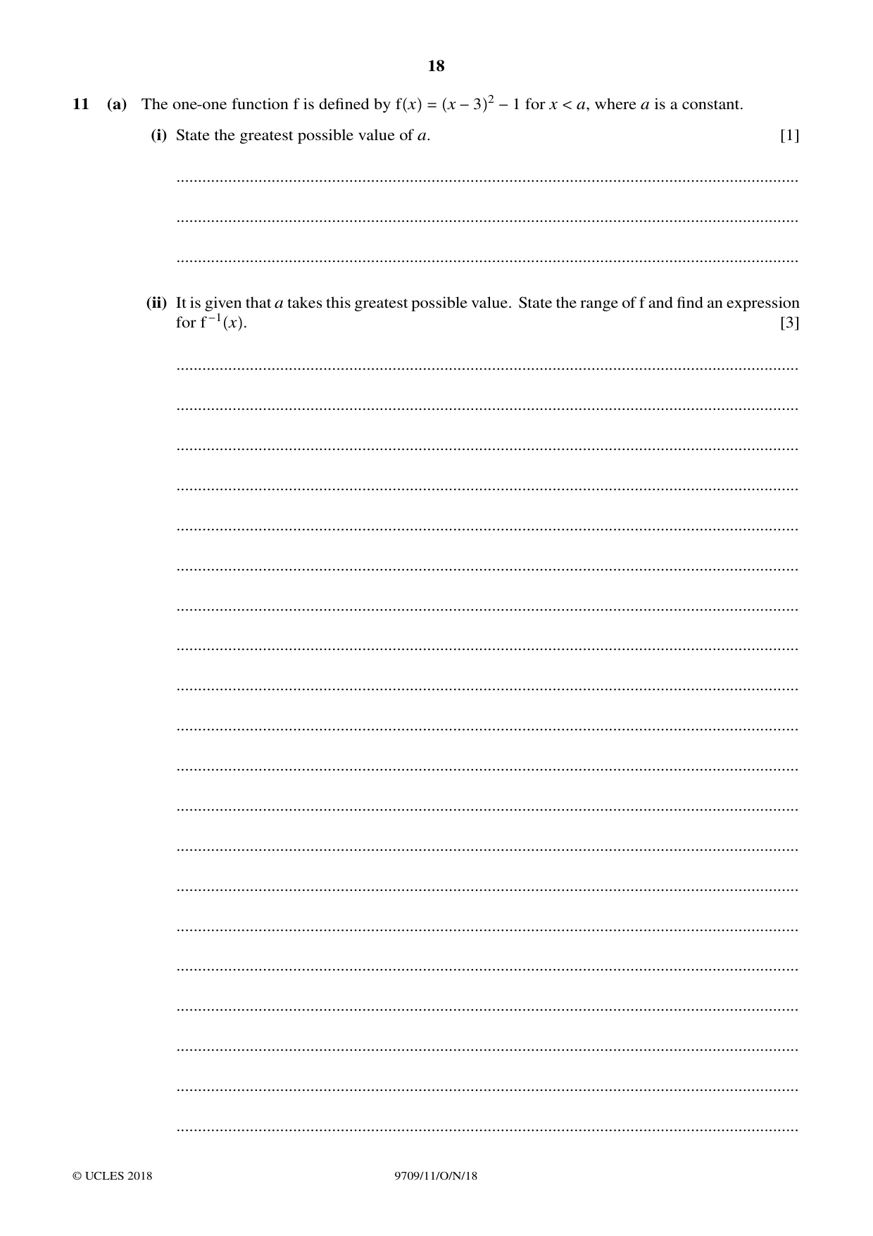 Cambridge A Level Mathematics 9709 2018 Oct/Nov Paper 1 · Variant 1 question paper, page 18 of 20