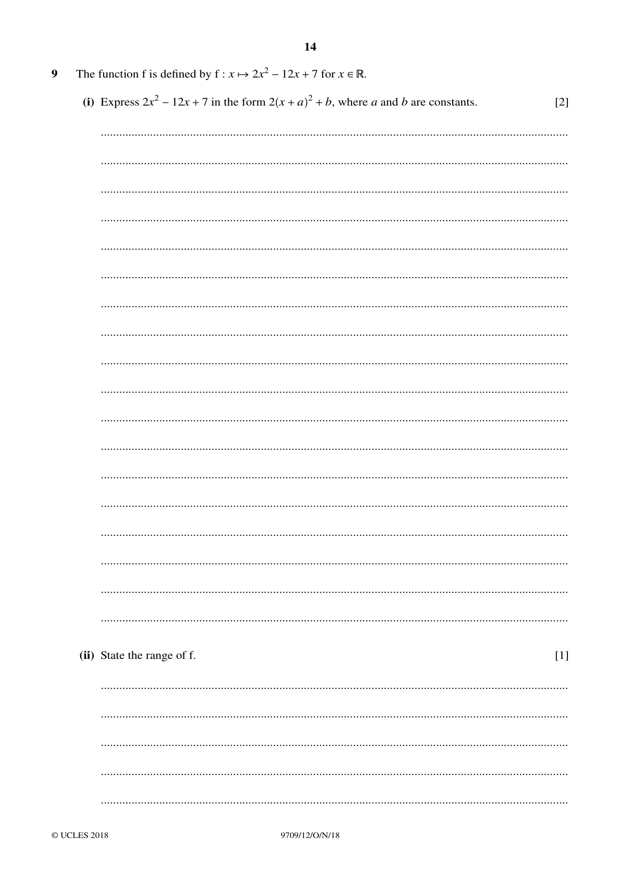 Cambridge A Level Mathematics 9709 2018 Oct/Nov Paper 1 · Variant 2 question paper, page 14 of 20