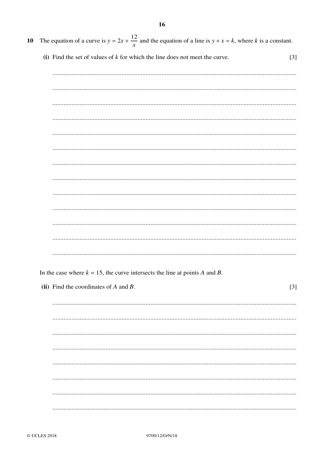 Cambridge A Level Mathematics 9709 2018 Oct/Nov Paper 1 · Variant 2 question paper, page 16 of 20