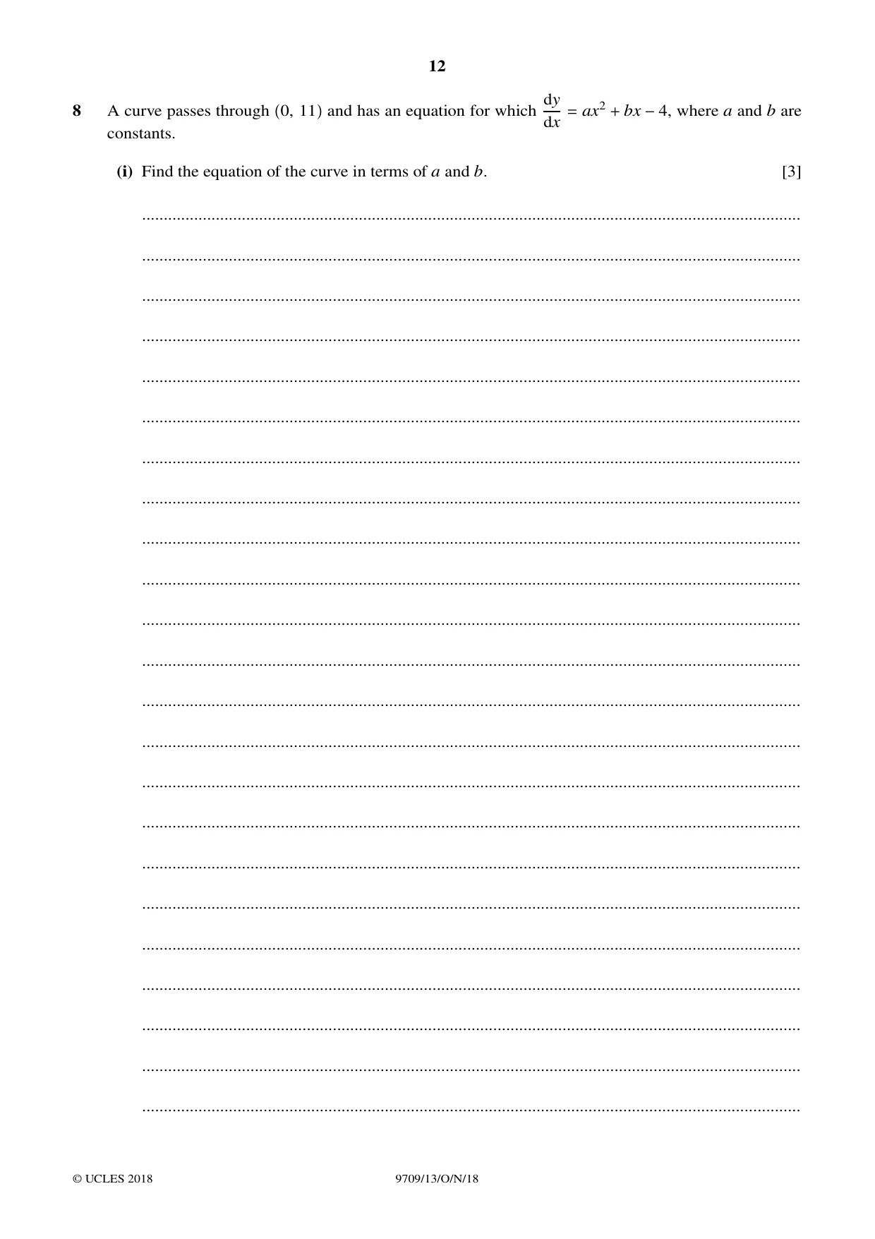 Cambridge A Level Mathematics 9709 2018 Oct/Nov Paper 1 · Variant 3 question paper, page 12 of 20