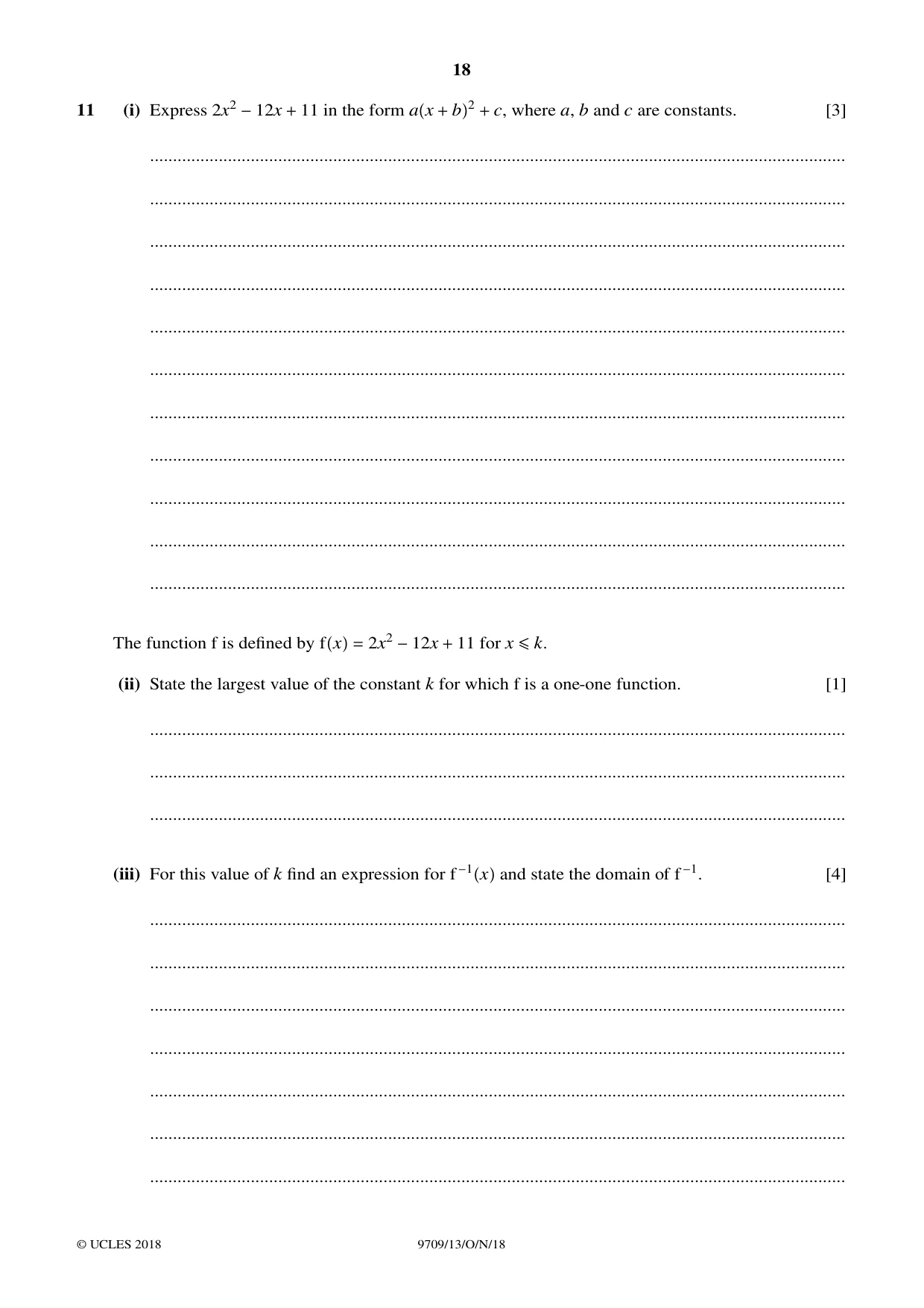 Cambridge A Level Mathematics 9709 2018 Oct/Nov Paper 1 · Variant 3 question paper, page 18 of 20