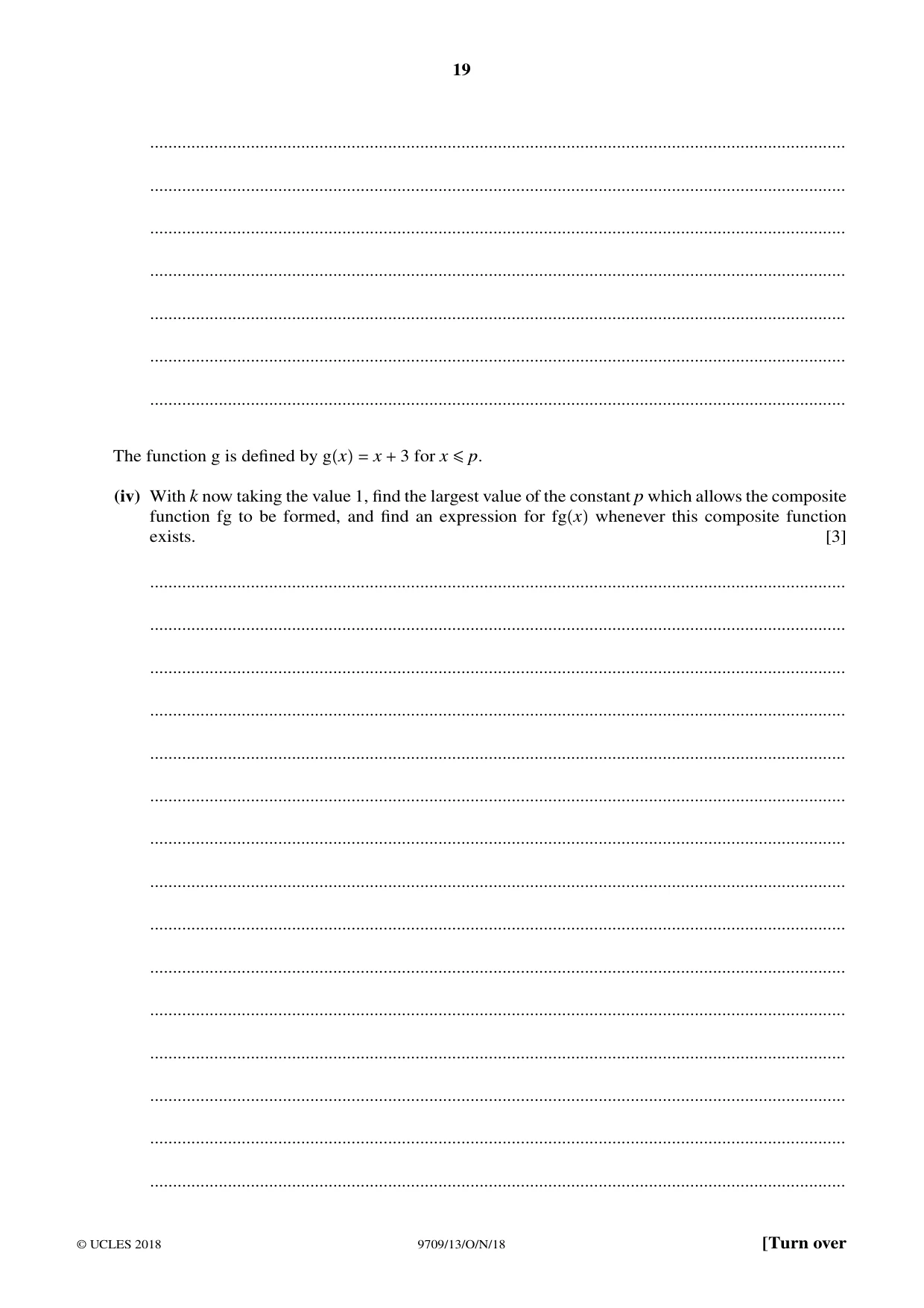 Cambridge A Level Mathematics 9709 2018 Oct/Nov Paper 1 · Variant 3 question paper, page 19 of 20