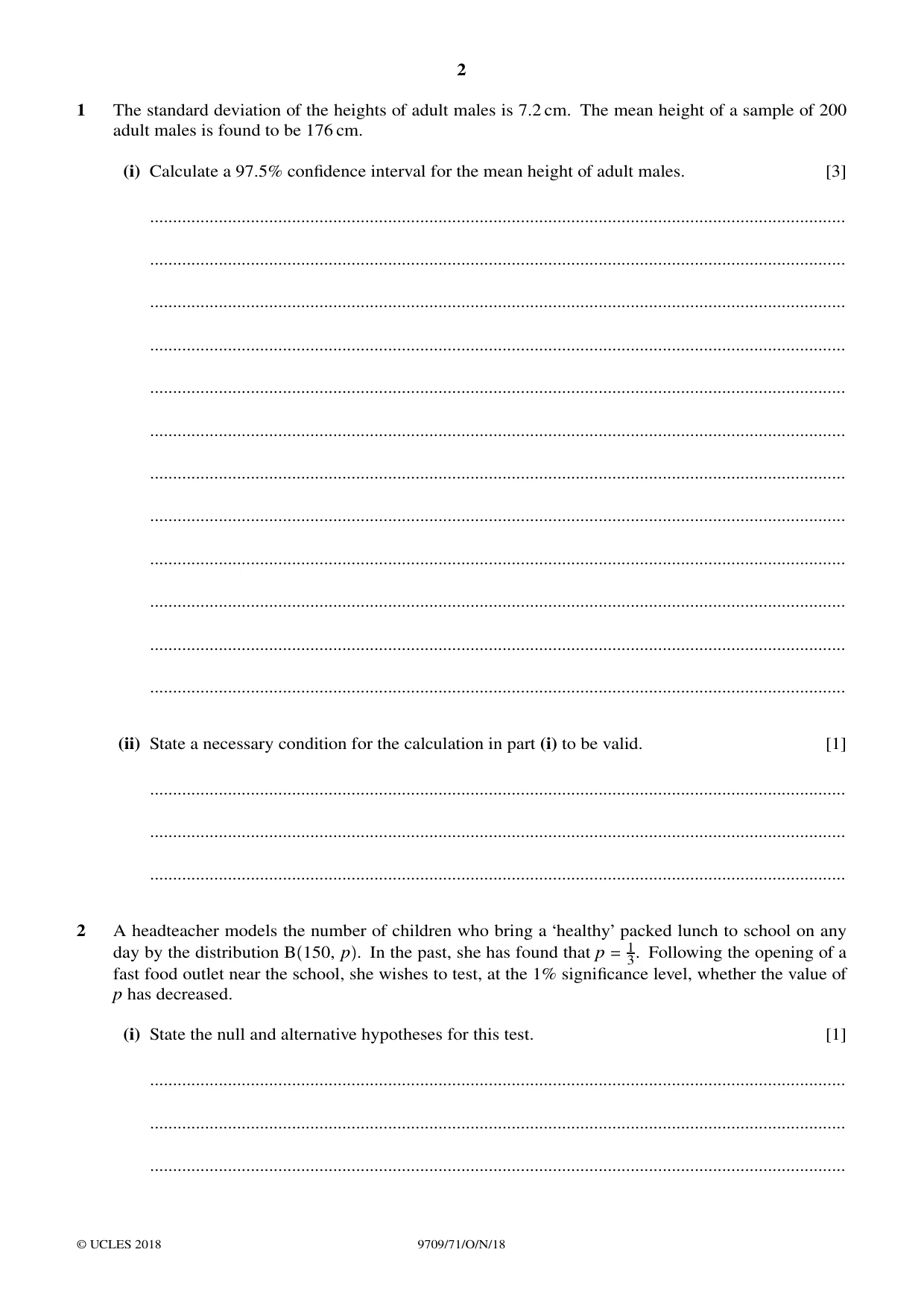 Cambridge A Level Mathematics 9709 2018 Oct/Nov Paper 7 · Variant 1 question paper, page 2 of 12