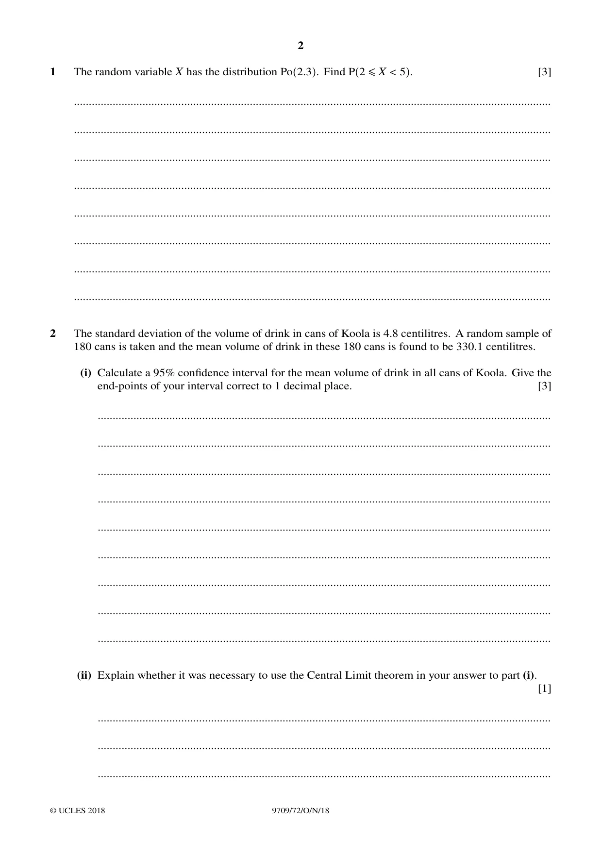 Cambridge A Level Mathematics 9709 2018 Oct/Nov Paper 7 · Variant 2 question paper, page 2 of 12