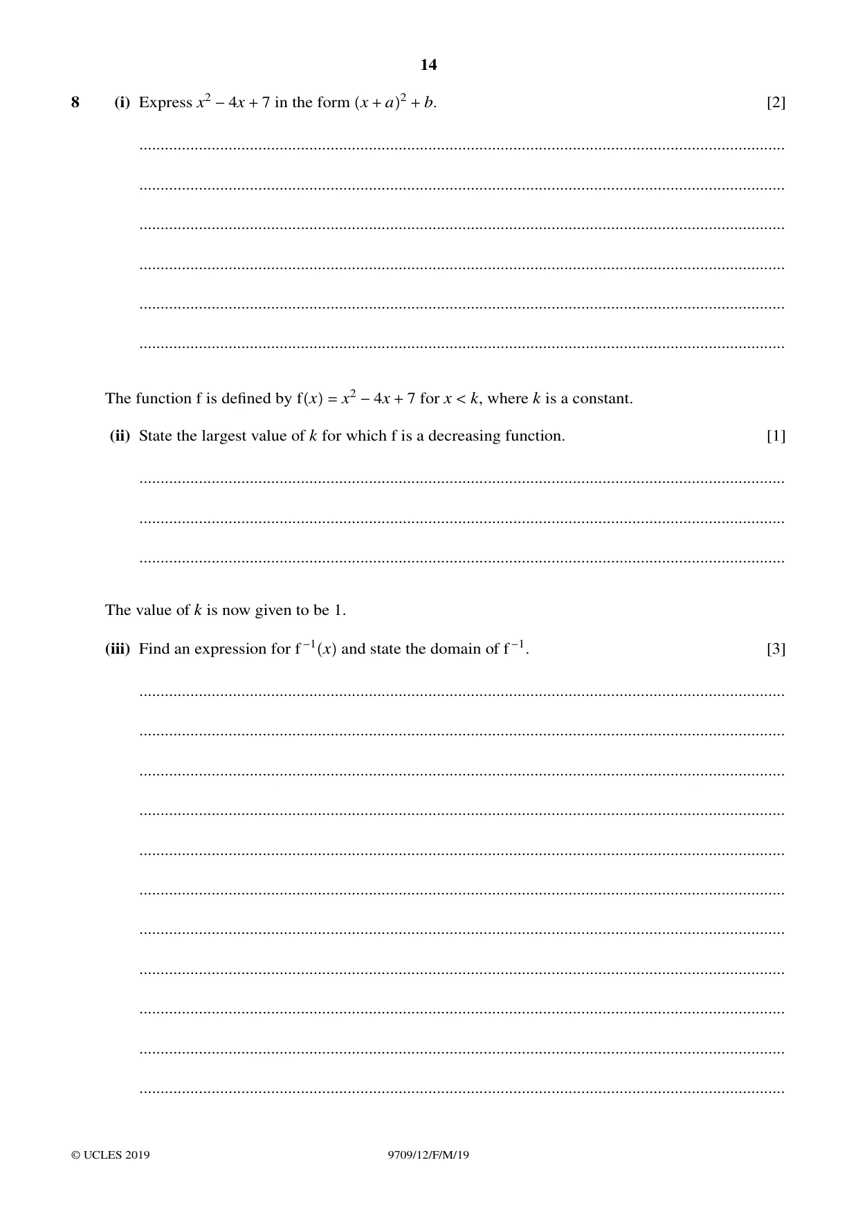 Cambridge A Level Mathematics 9709 2019 Feb/March Paper 1 · Variant 2 question paper, page 14 of 20