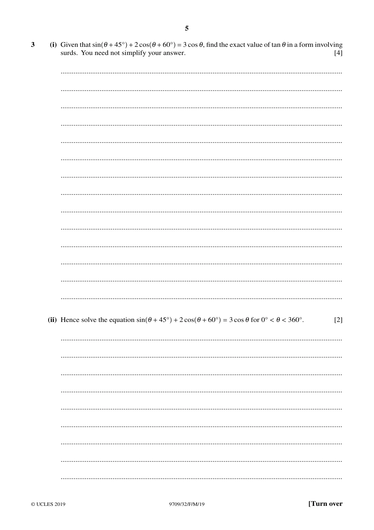 Cambridge A Level Mathematics 9709 2019 Feb/March Paper 3 · Variant 2 question paper, page 5 of 20