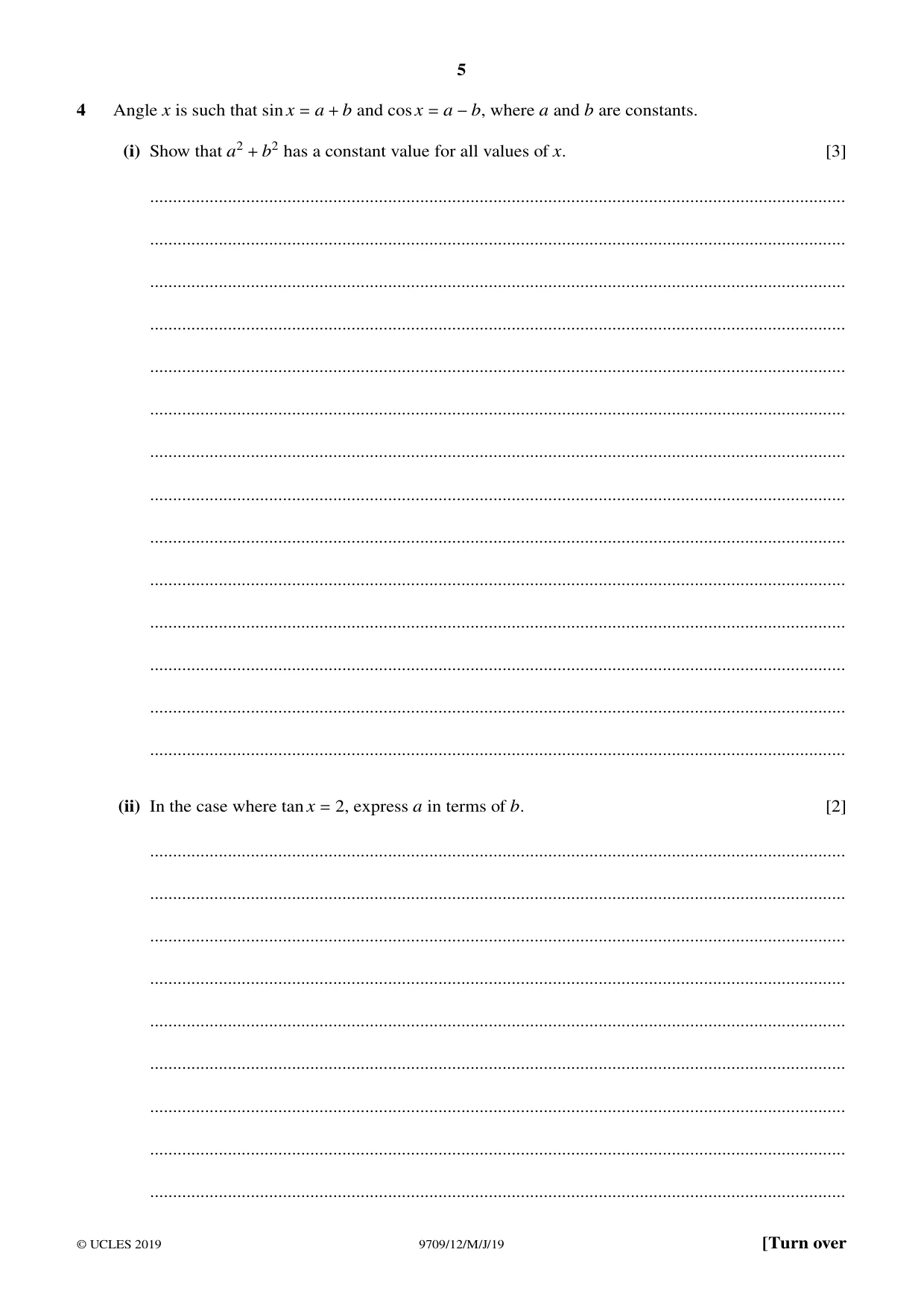 Cambridge A Level Mathematics 9709 2019 May/June Paper 1 · Variant 2 question paper, page 5 of 20
