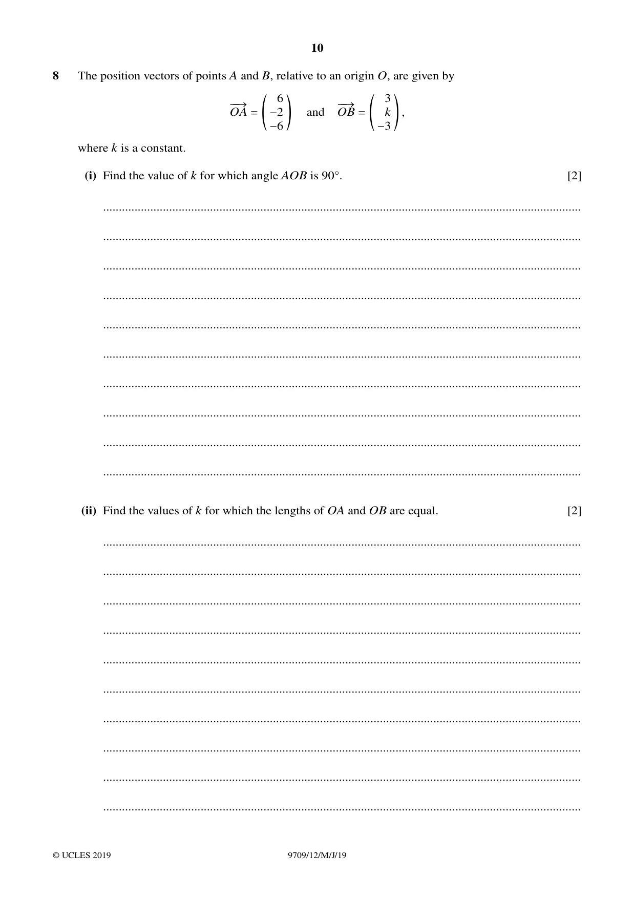 Cambridge A Level Mathematics 9709 2019 May/June Paper 1 · Variant 2 question paper, page 10 of 20