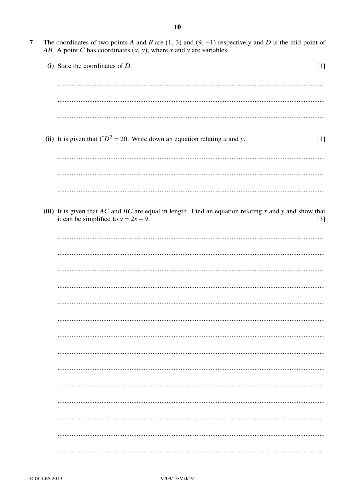 Cambridge A Level Mathematics 9709 2019 May/June Paper 1 · Variant 3 question paper, page 10 of 20