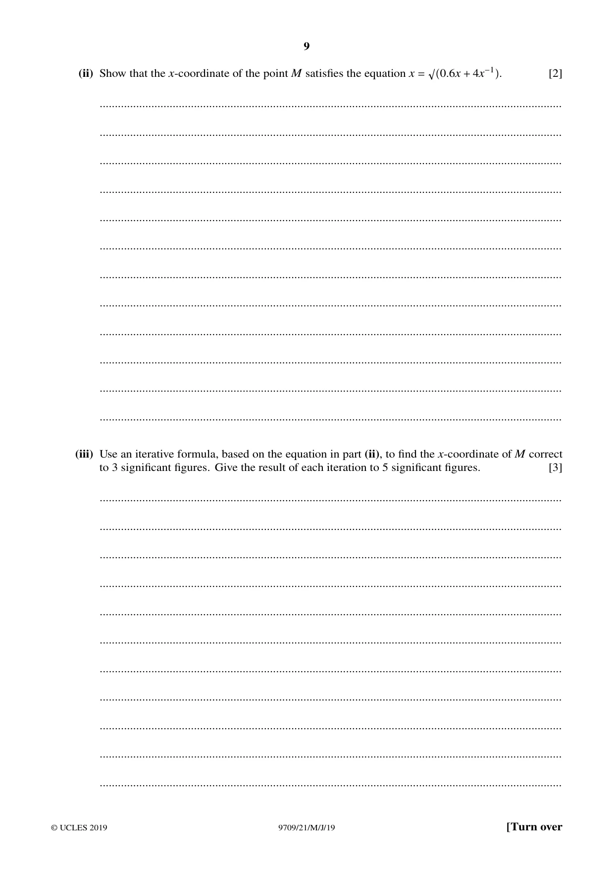 Cambridge A Level Mathematics 9709 2019 May/June Paper 2 · Variant 1 question paper, page 9 of 12