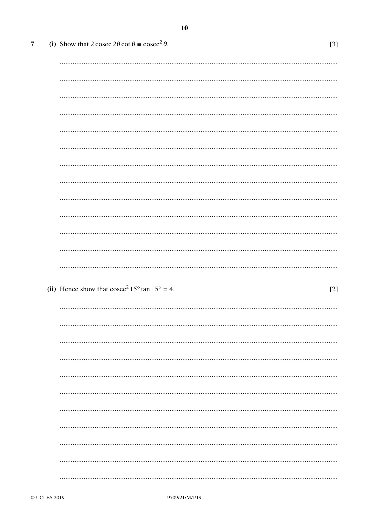 Cambridge A Level Mathematics 9709 2019 May/June Paper 2 · Variant 1 question paper, page 10 of 12