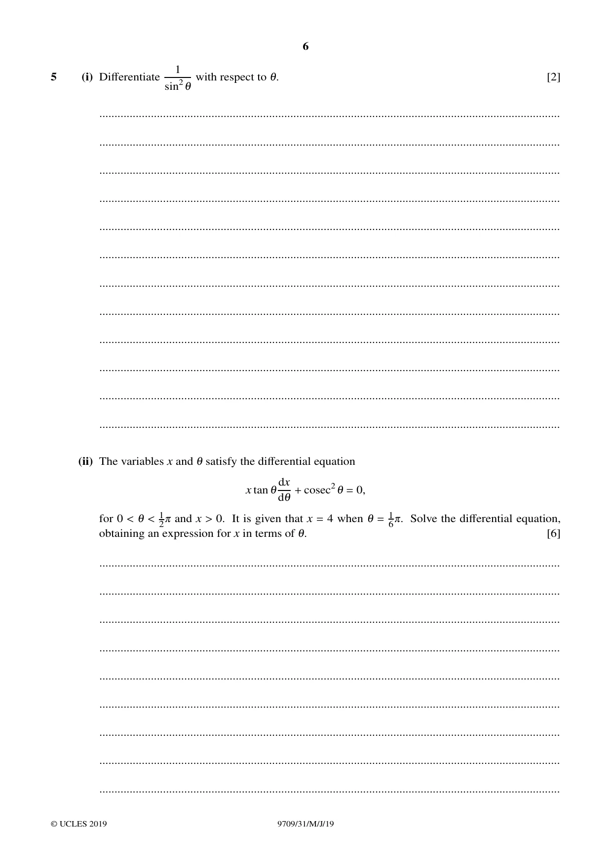 Cambridge A Level Mathematics 9709 2019 May/June Paper 3 · Variant 1 question paper, page 6 of 20
