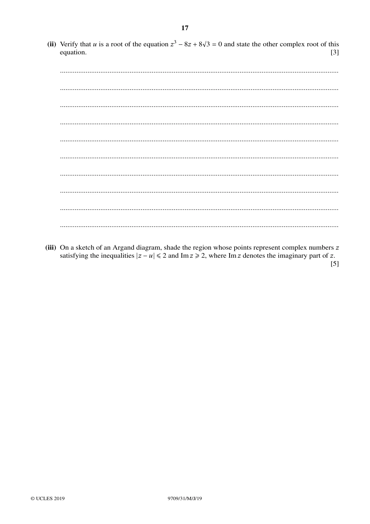Cambridge A Level Mathematics 9709 2019 May/June Paper 3 · Variant 1 question paper, page 17 of 20